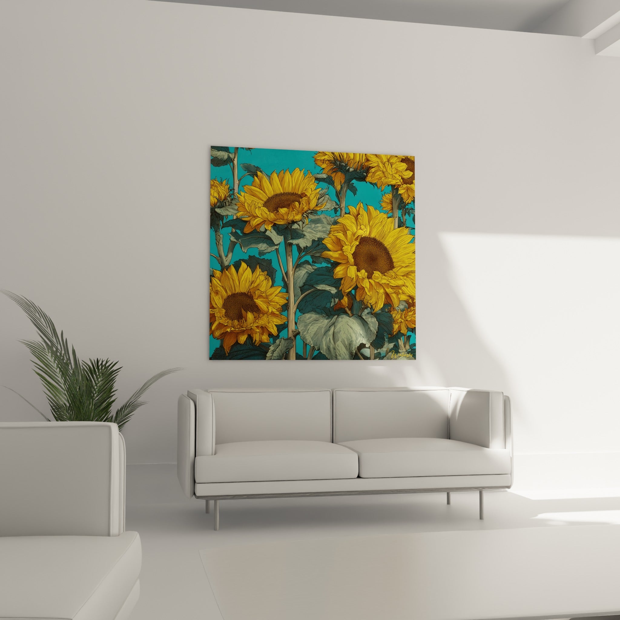 Fleurs de tournesol ocre et bleu turquoise au-dessus d'un canapé dans un salon lumineux