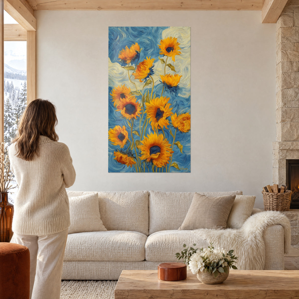 Cuadro de girasoles dorados y corazones azul marino sobre un cielo azul en espirales, mujer de espaldas, encima de un sofá en un salón luminoso