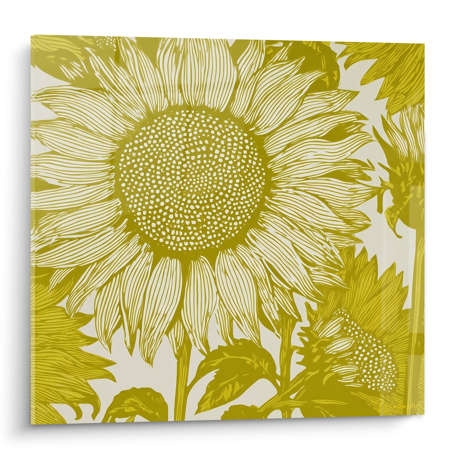 Tableau Tournesol olive et ivoire en gravure linéaire - Bouton pointillé - Edition Tournesol