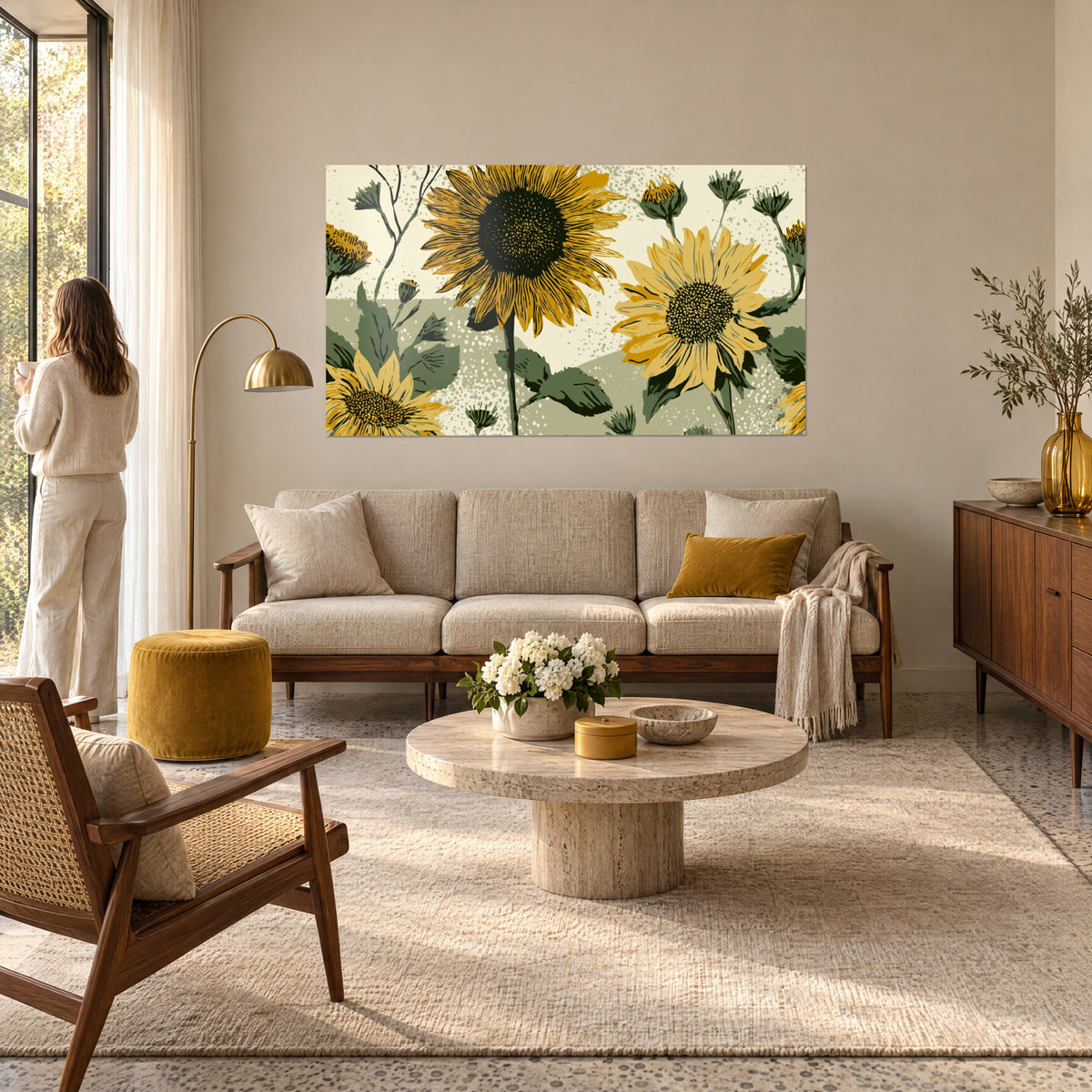 Schilderij met gouden zonnebloemen in linoleumsnede, zwarte harten en saliegroene bladeren, boven een bank in een lichte woonkamer