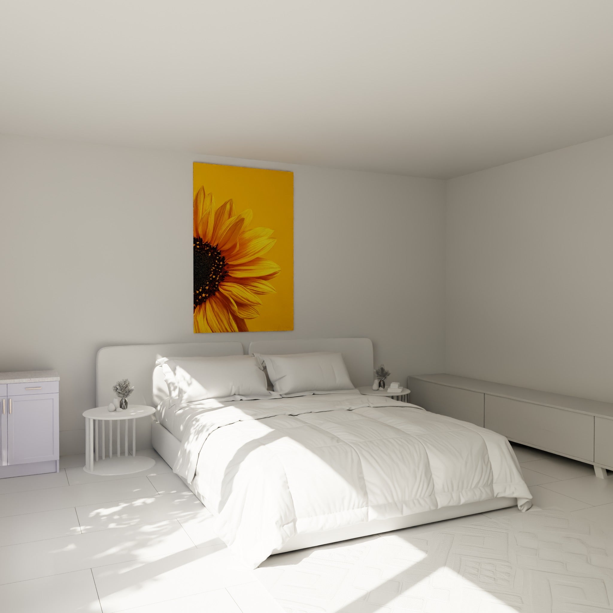 Pétales dorés et cœur anthracite du tournesol accrochés au-dessus d'un lit dans une chambre claire