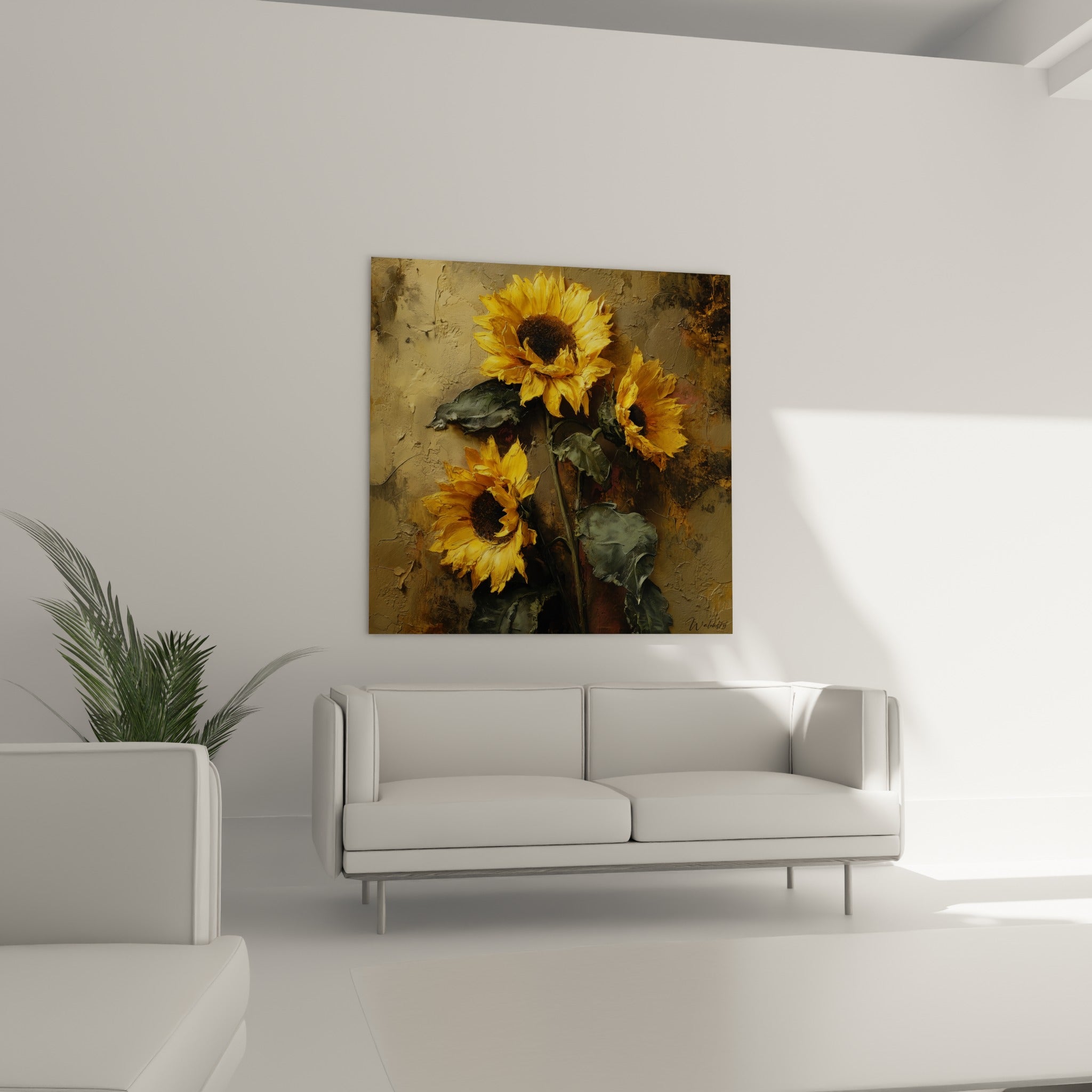 Fleurs de tournesol ocre et brun aux feuilles vert olive, au-dessus d'un canapé dans un salon lumineux