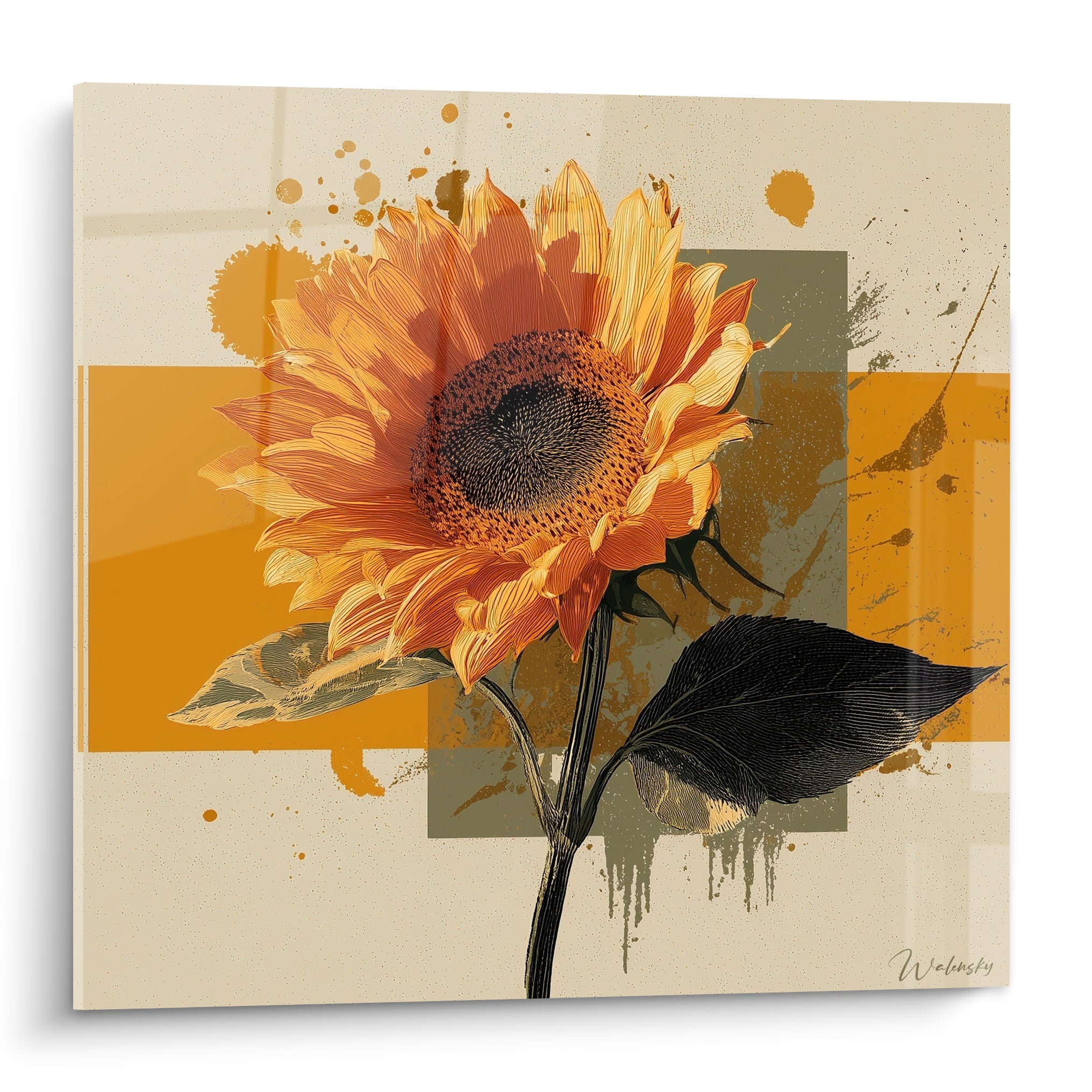 Tournesol aux pétales ocre et orangé, cœur brun texturé, fond vert kaki éclaboussé