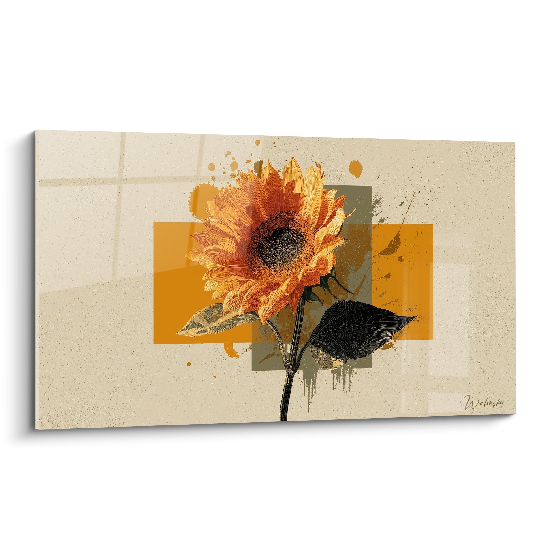Tournesol ocre et vert sauge aux pétales détaillés sur fond crème, composition graphique et florale