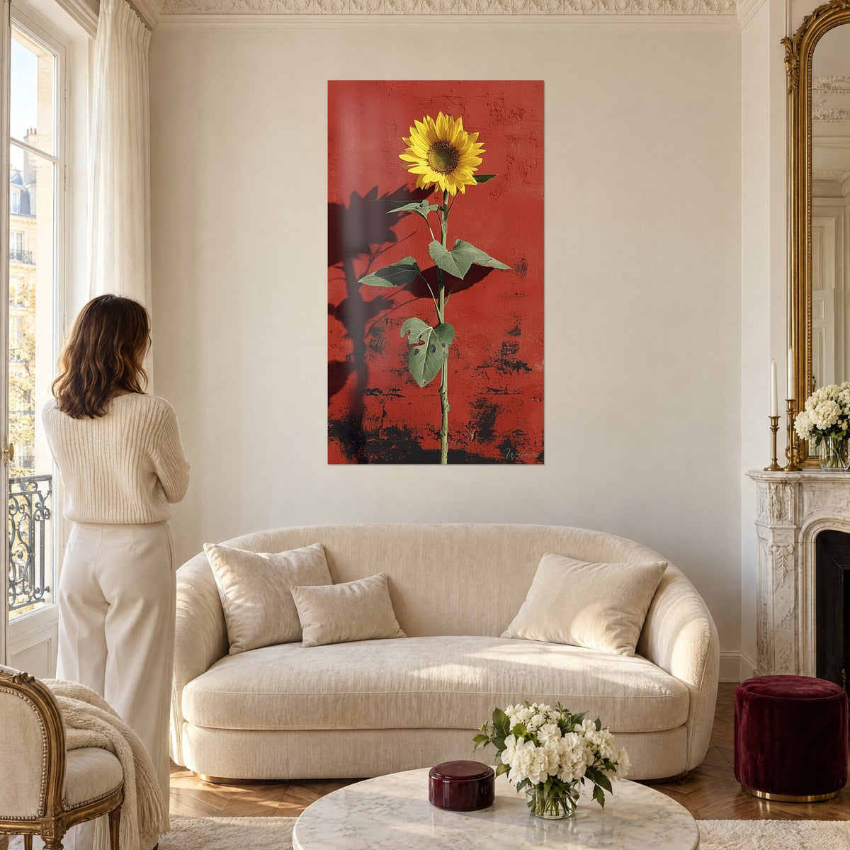 Gemälde Sonnenblume zitronengelb auf ziegelrotder Wand, schwarzer Schlagschatten, Frau von hinten, über einem Sofa in einem hellen Wohnzimmer