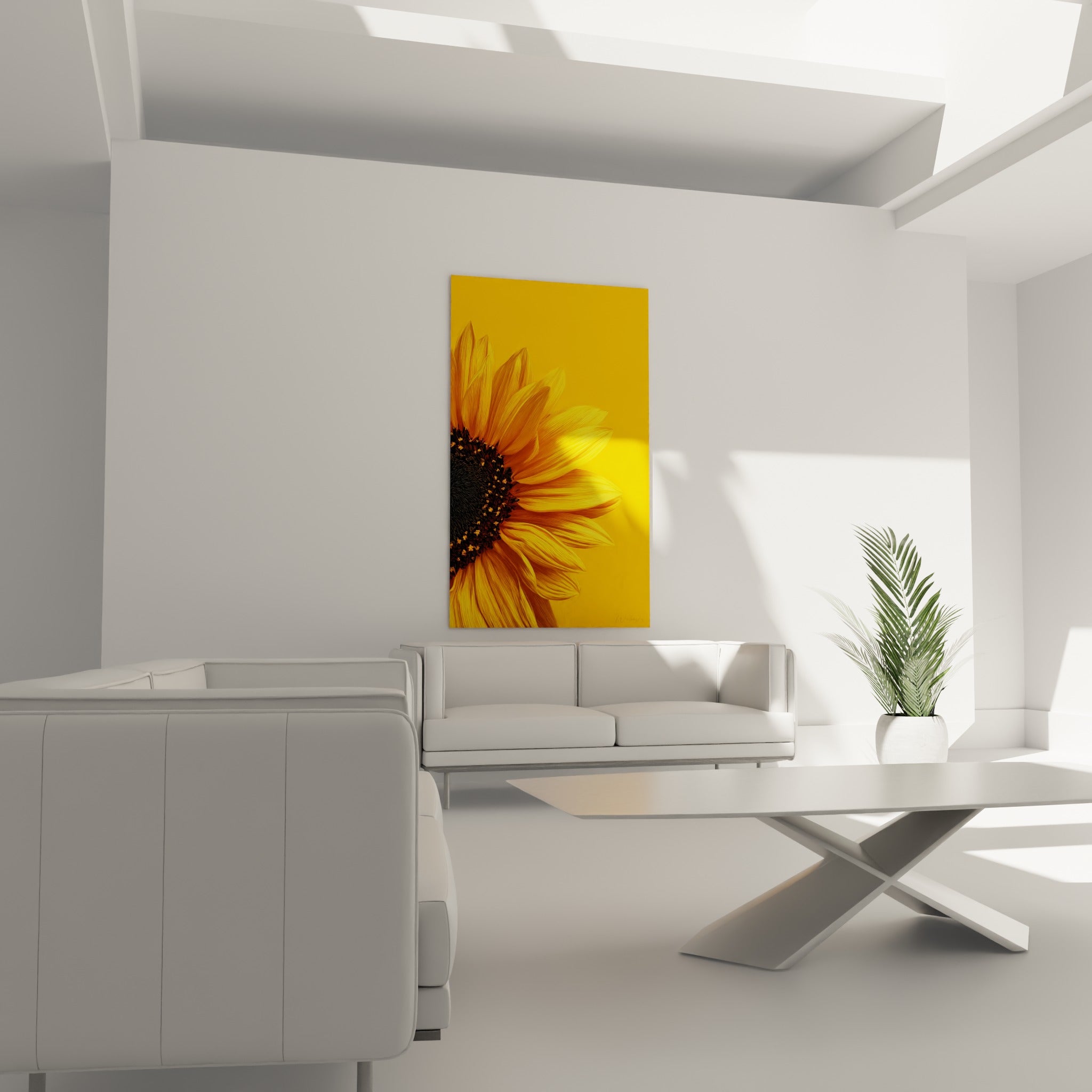 Fleur jaune éclatante aux nuances orangées disposée au-dessus d'un canapé dans un salon lumineux