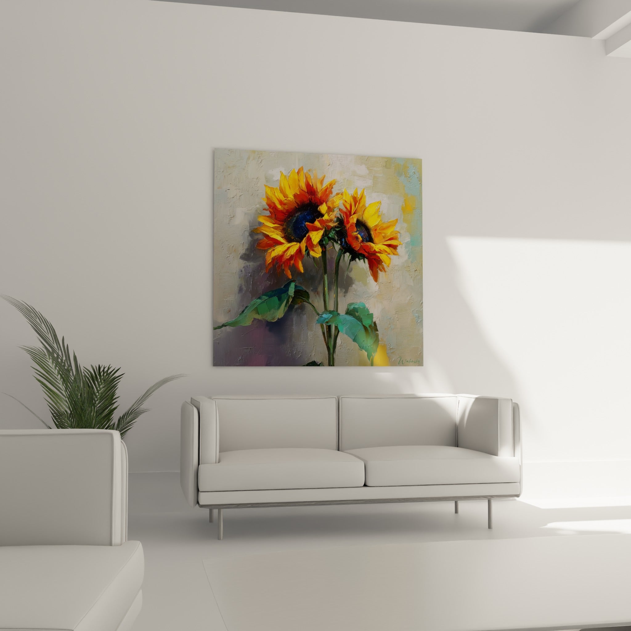 Fleurs de tournesol orangées et jaunes surplombant un canapé dans un salon lumineux