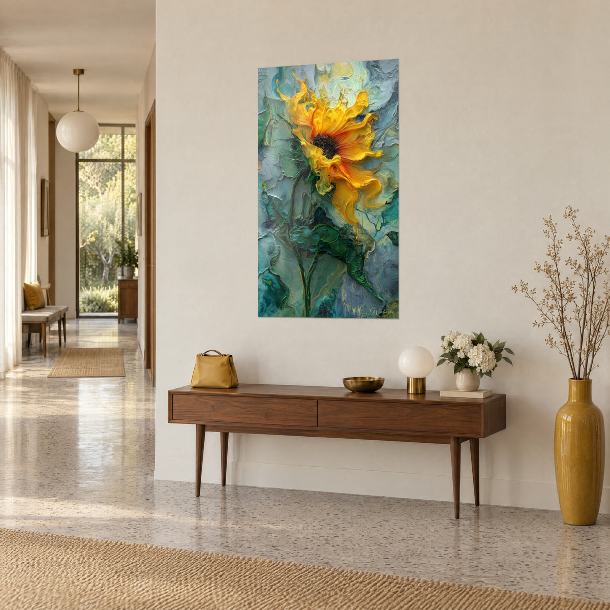 Tableau tournesol doré aux pétales ondulants orange et jaune, tige verte épaisse en relief, dans un couloir près d'une console en bois