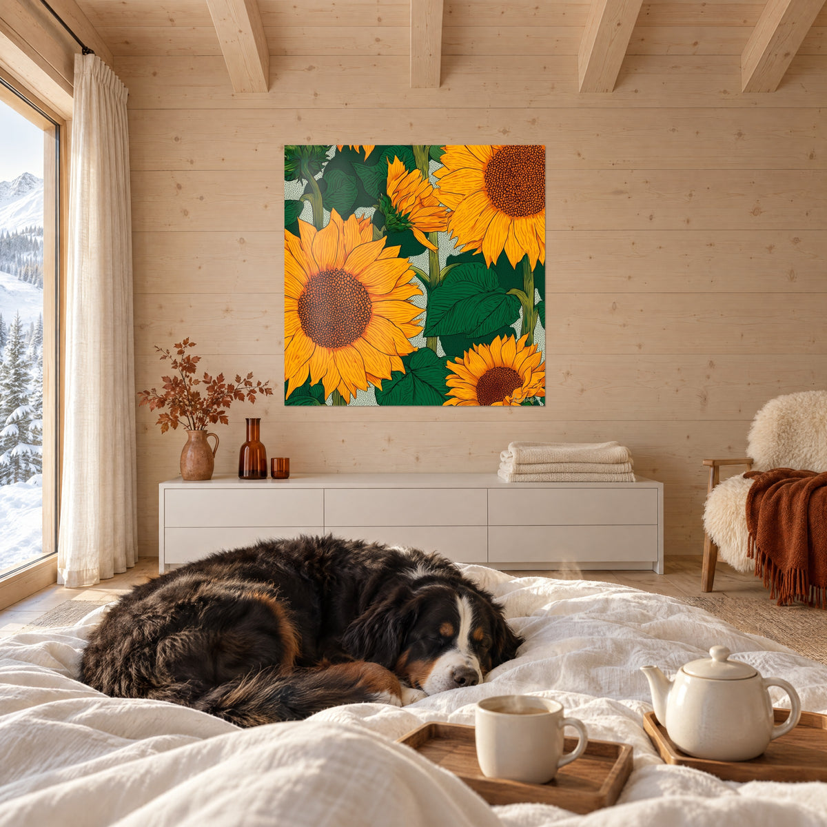 Gemälde große gelborange Blütenköpfe mit braunen Mitten und grünen Blättern, über einem Bett in einem hellen Schlafzimmer