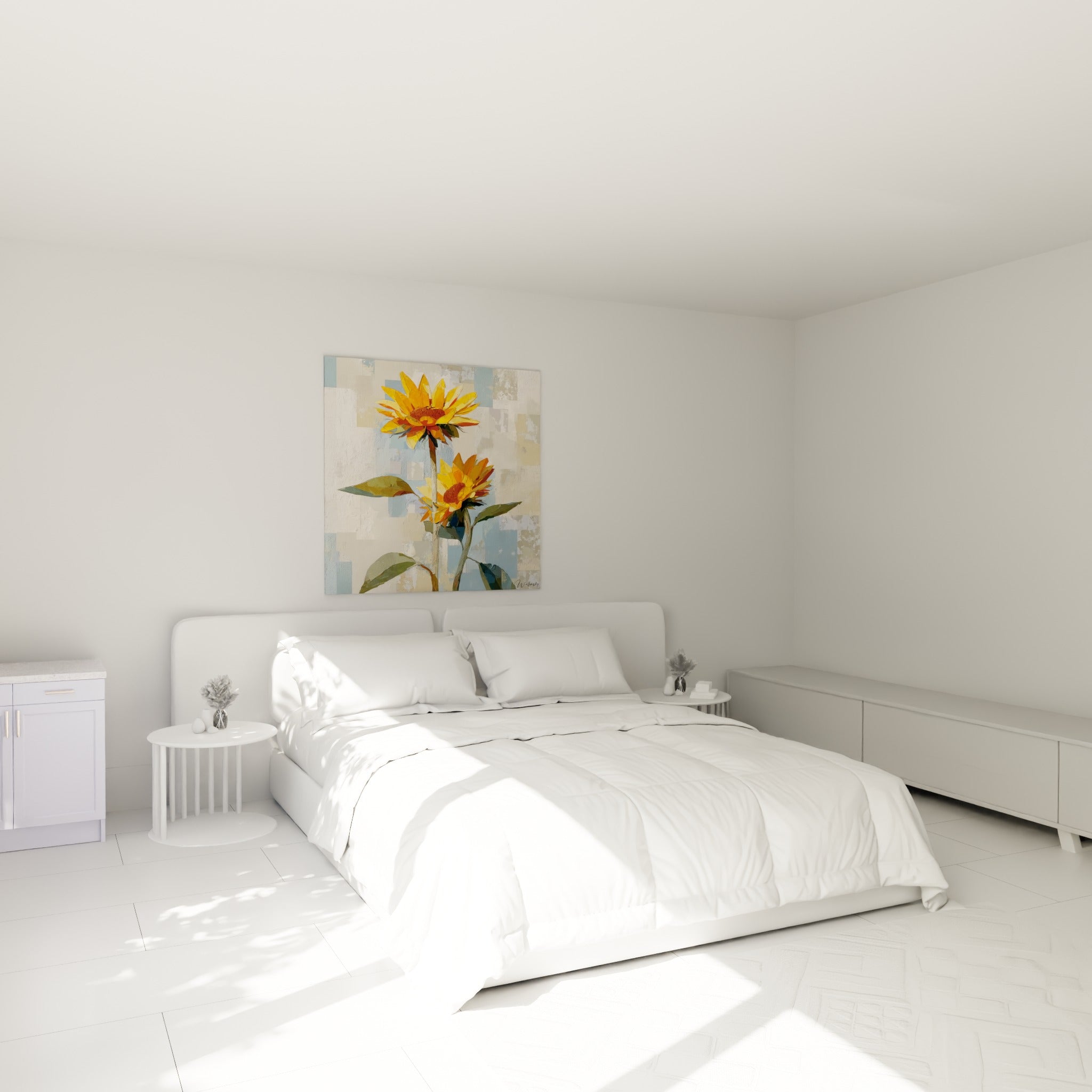 Fleurs de tournesol orangées et dorées peintes en relief au-dessus d'un lit dans une chambre claire
