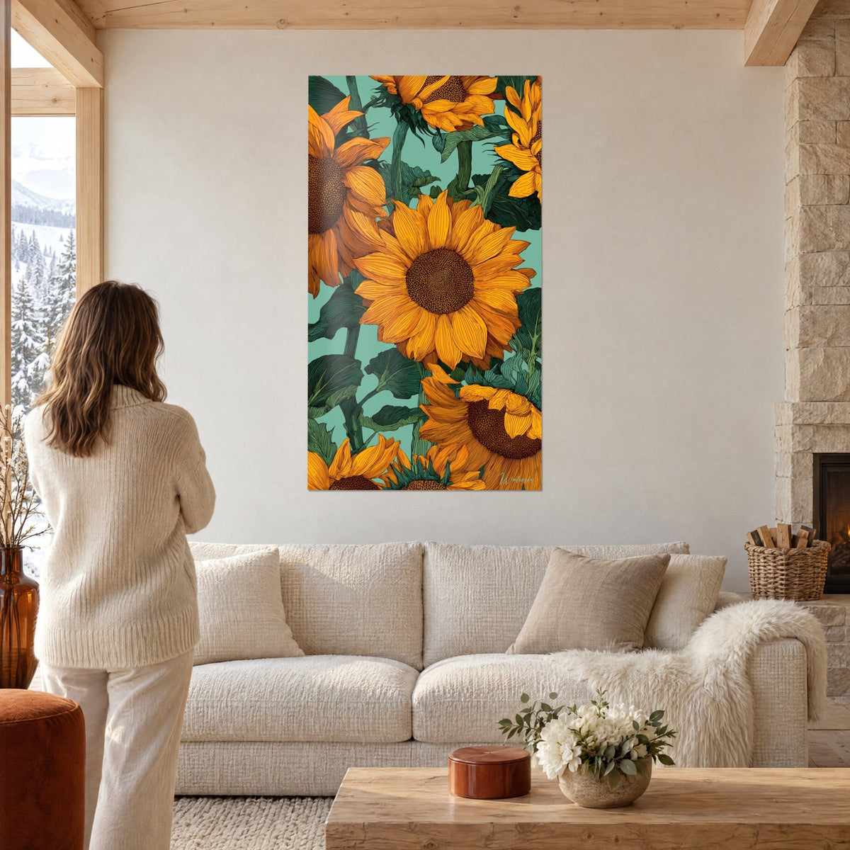 Schilderij tros oranje zonnebloemen met fijn gearceerde bloemblaadjes op mintgroene achtergrond, boven een bank in een lichte woonkamer