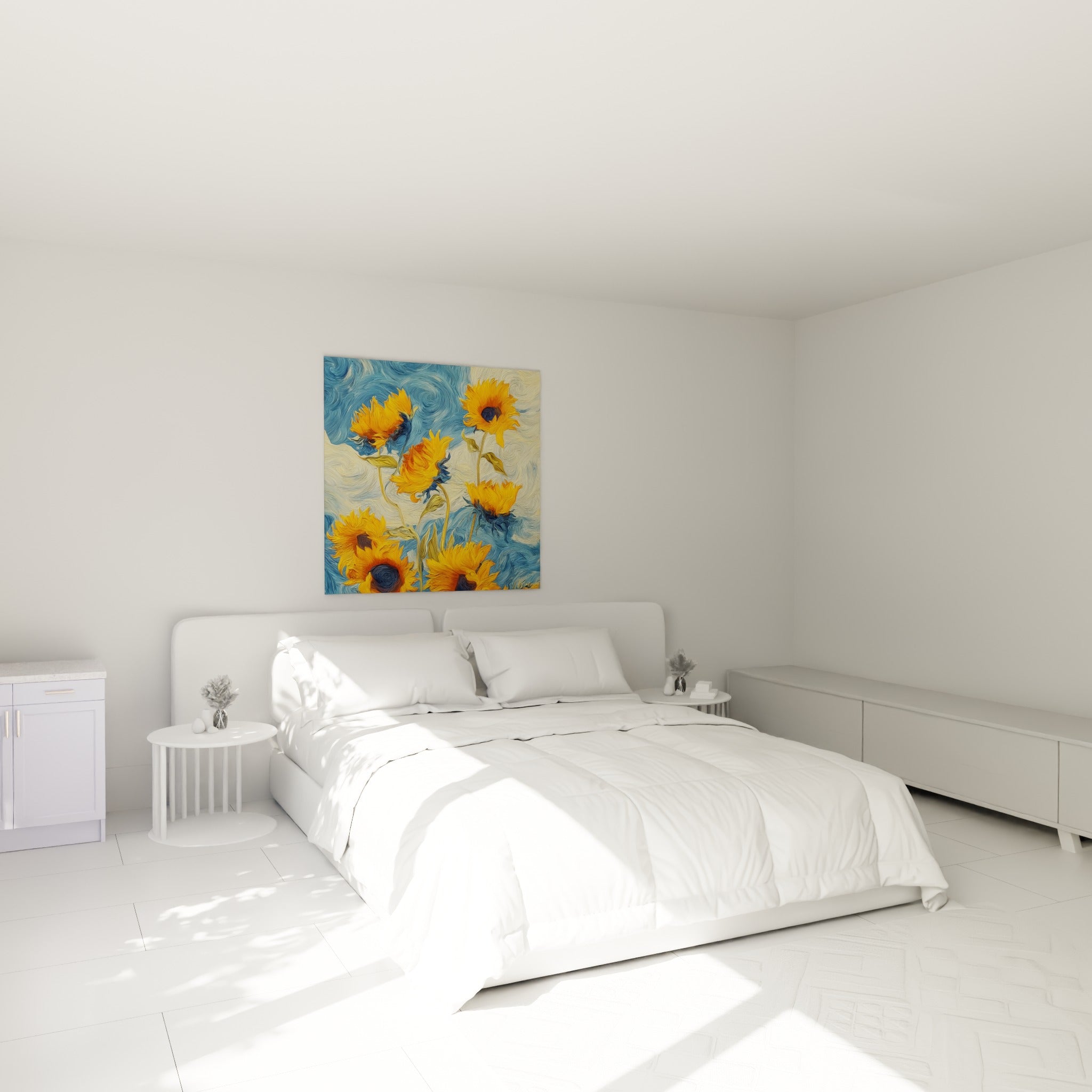 Tournesols orangés et bleu pastel en mouvement tourbillonnant, au-dessus d'un lit dans une chambre claire