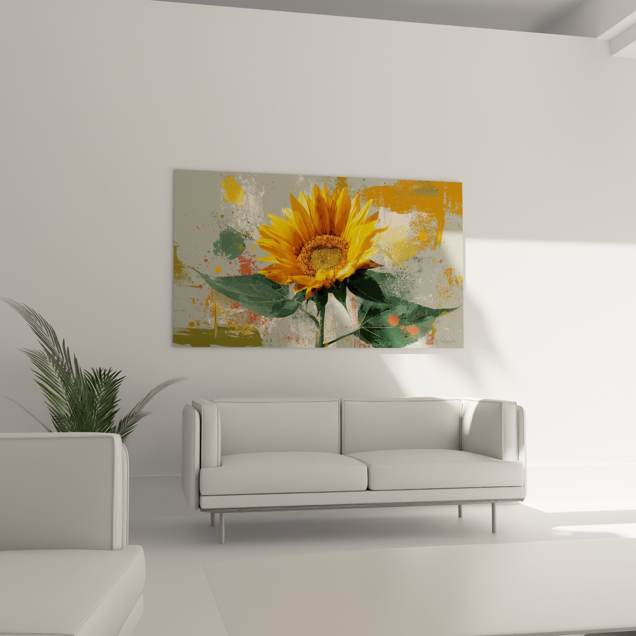 Pétales jaune orangé du tournesol détaillés au-dessus d'un canapé dans un salon lumineux