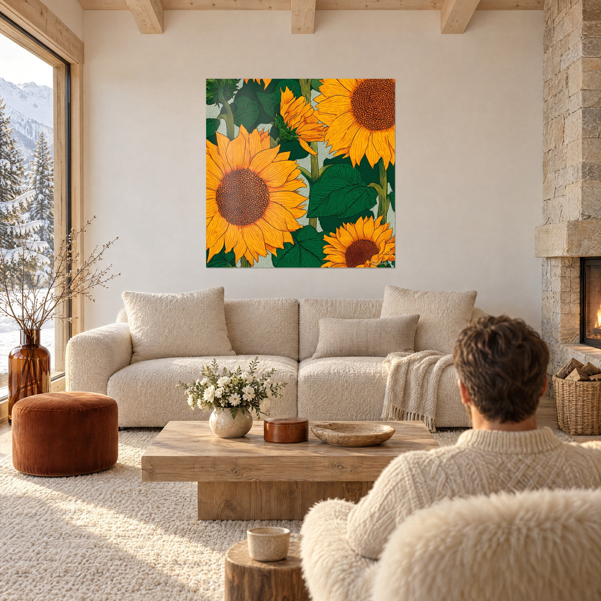 Gemälde Sonnenblumen in leuchtendem Orange mit gepunkteten braunen Mitten, tannengrünes Laub, über einem Sofa in einem hellen Wohnzimmer
