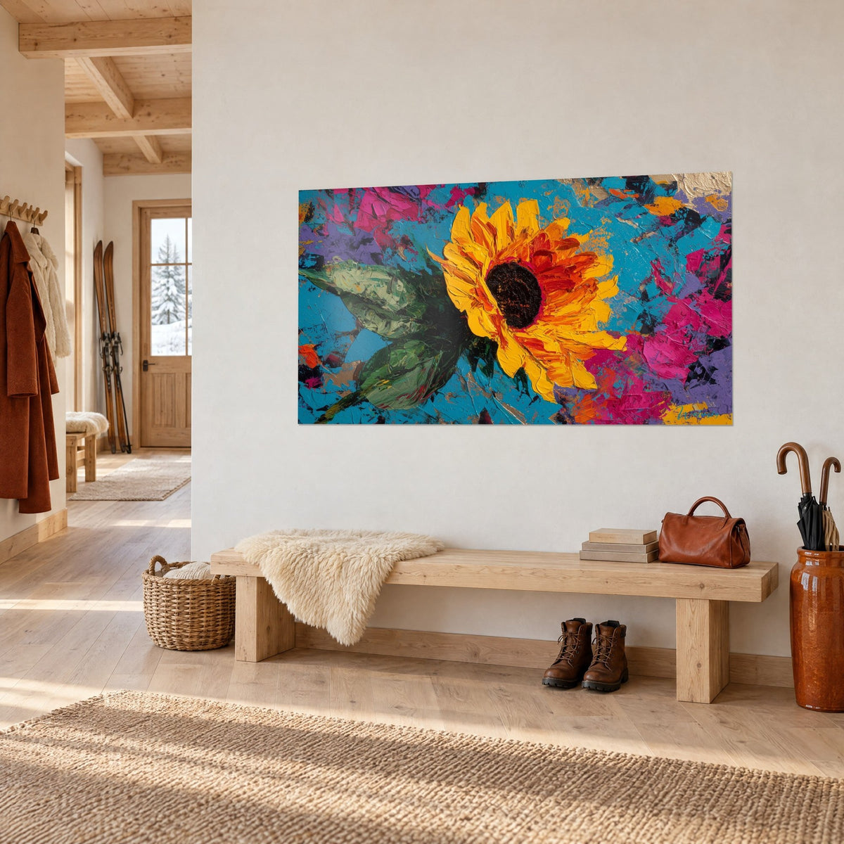 Schilderij grote saffraanbloem met oranje bloemblaadjes, paarse en turquoise spatten, op een witte entreemuur van een chalet
