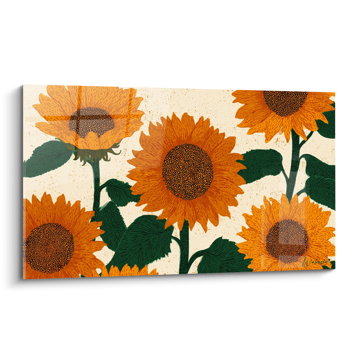 Tournesols orange vif aux cœurs bruns mouchetés sur fond ivoire, illustration botanique graphique