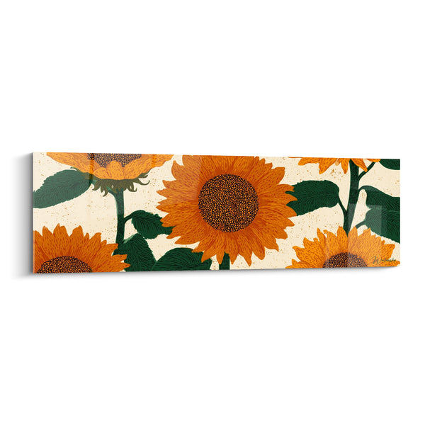 Tableau Tournesols orange et vert foncé sur fond moucheté - Rangée de fleurs multiples - Edition Tournesol