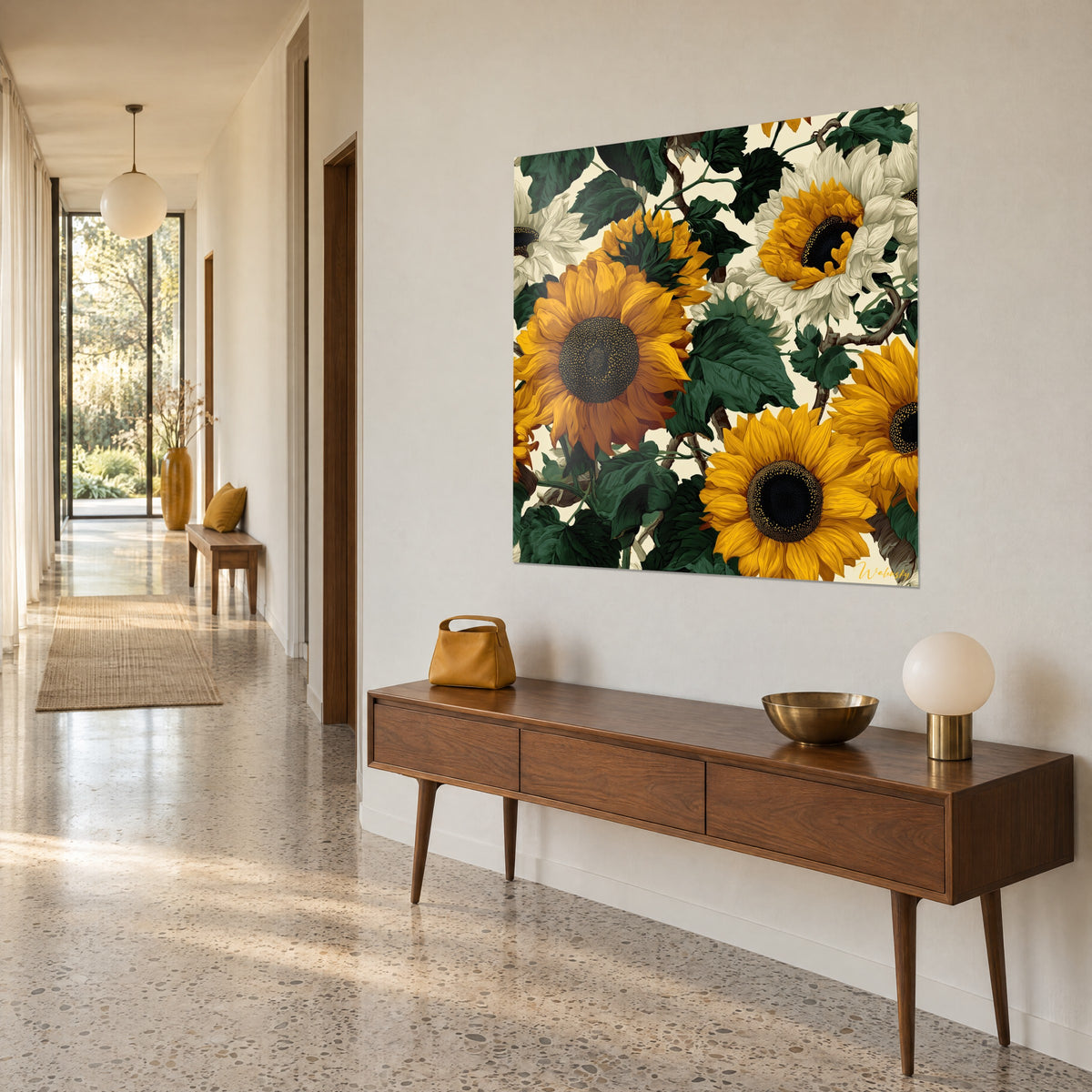 Wall art golden sunflowers with a dotted black center, deep green leaves on a cream background, three-quarter view in a hallway