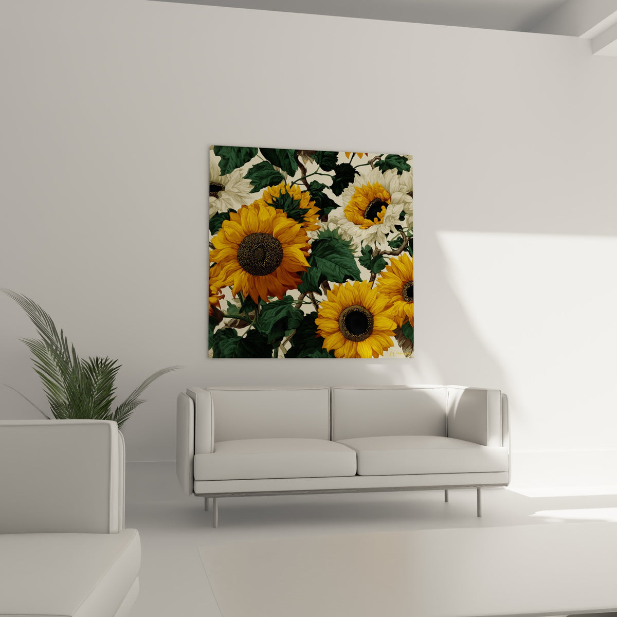 Tournesols jaune orangé et ivoire entourés de larges feuilles vertes, disposés au-dessus d'un canapé dans un salon lumineux