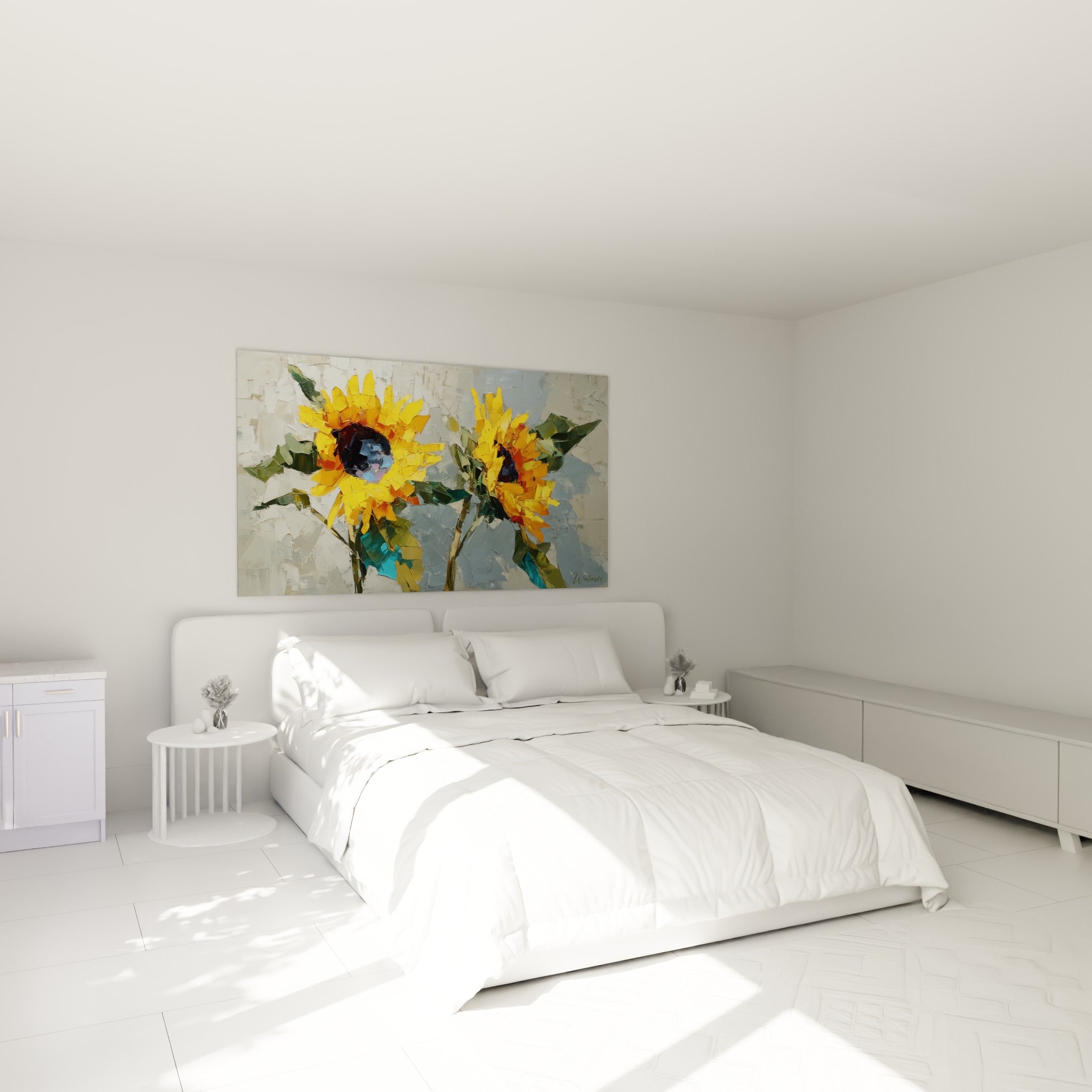 Fleurs de tournesol orangées et vertes peintes en relief, au-dessus d'un lit dans une chambre claire