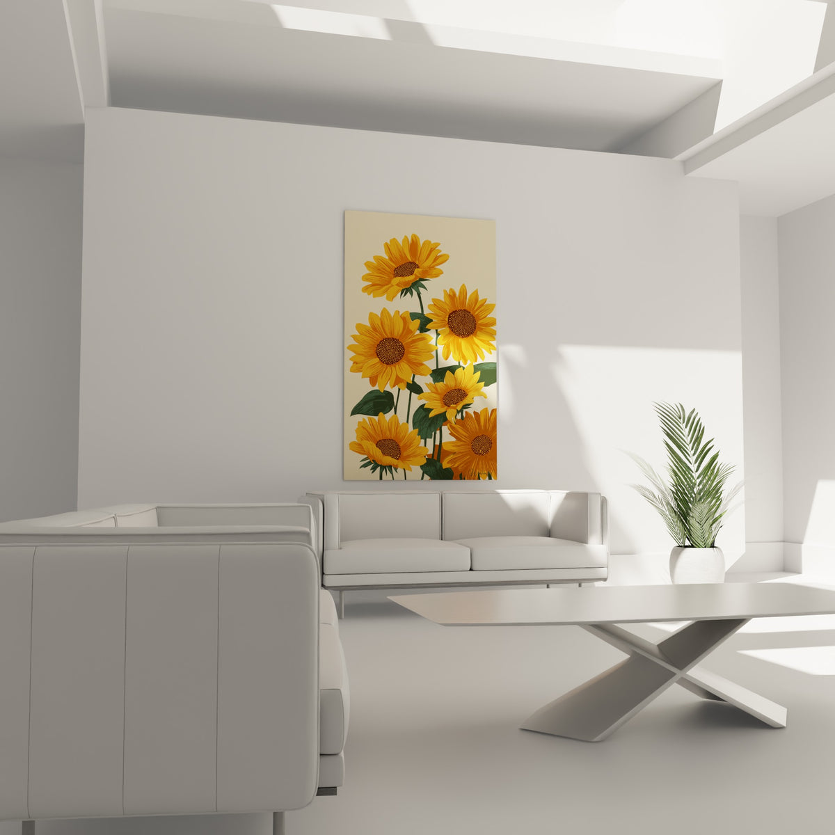 Tournesols orangés et vert profond composés en hauteur au-dessus d'un canapé dans un salon lumineux