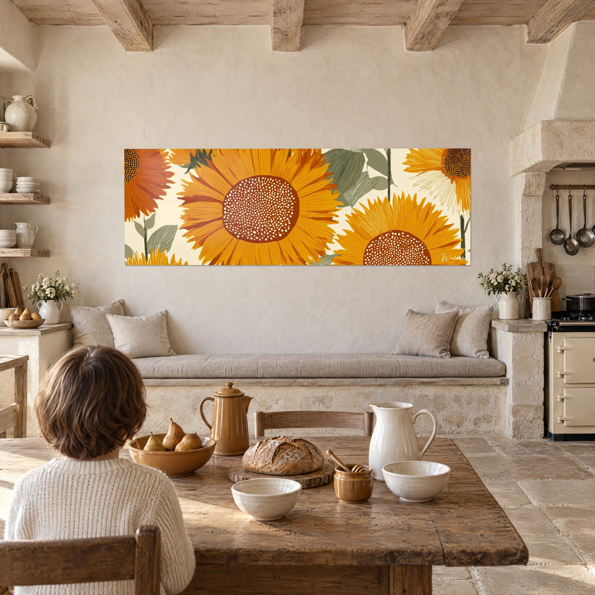Schilderij grafisch boeket van oranje en amberkleurige zonnen, witte korreltjes op bruine kernen, grijsgroene bladeren, rustieke houten tafel, steen