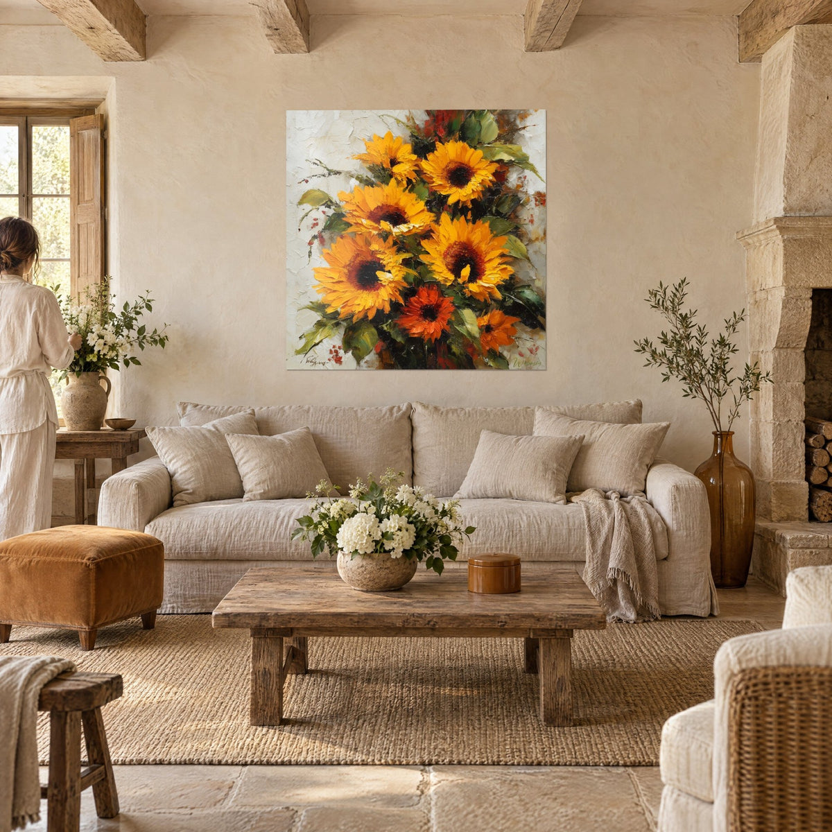 Cuadro ramo de girasoles amarillo azafrán con espátula, centros marrones, hojas verdes, sobre un sofá en un salón luminoso