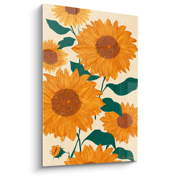 Tableau Tournesols orange et vert sarcelle groupés serrés - Petit bouton fermé - Edition Tournesol