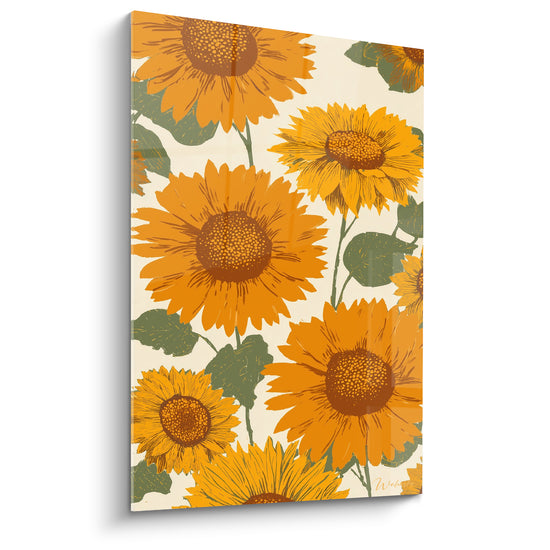 Tournesol orange et vert olive illustré en grands pétales sur fond crème clair