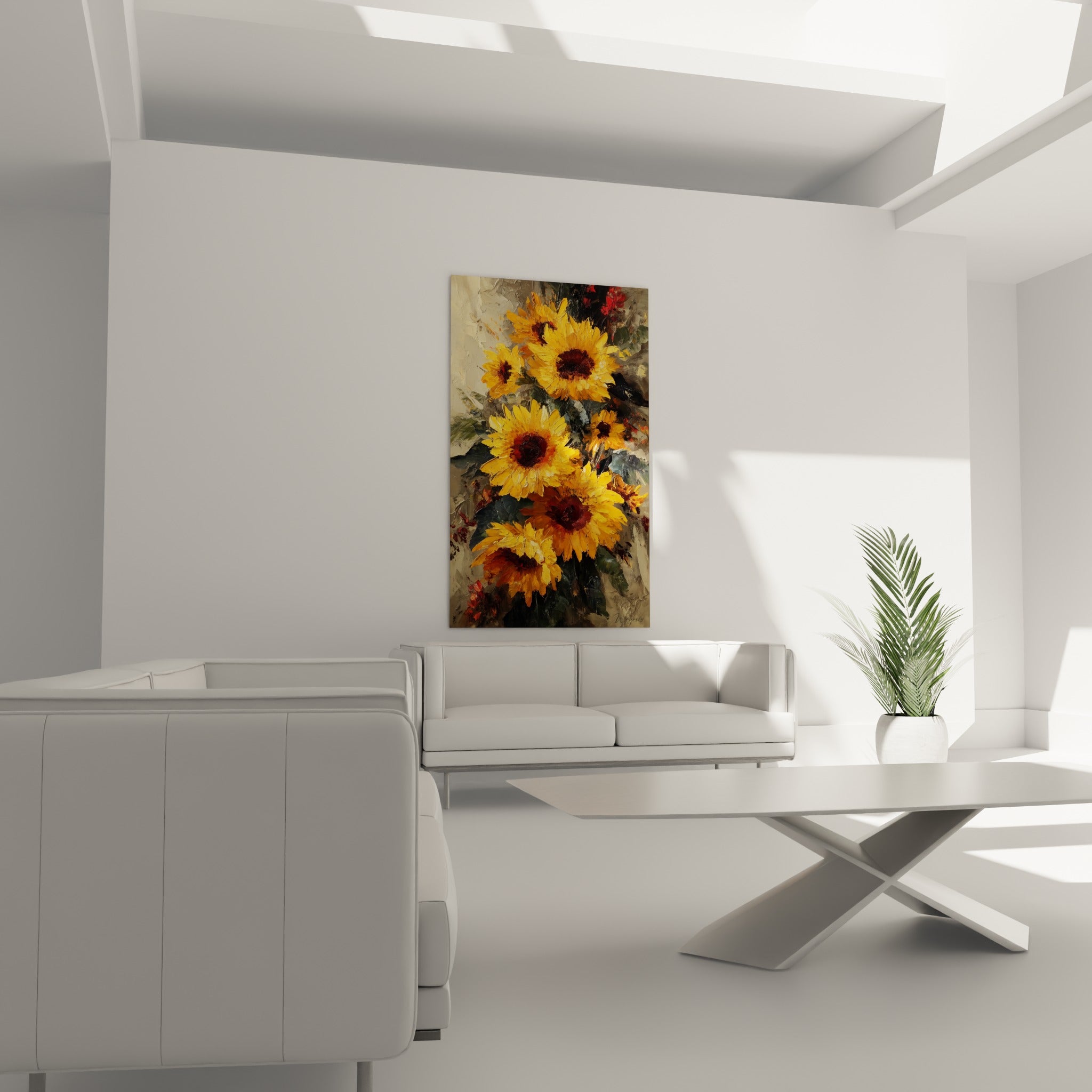 Fleurs de tournesol orangées et vertes, disposées au-dessus d'un canapé dans un salon lumineux