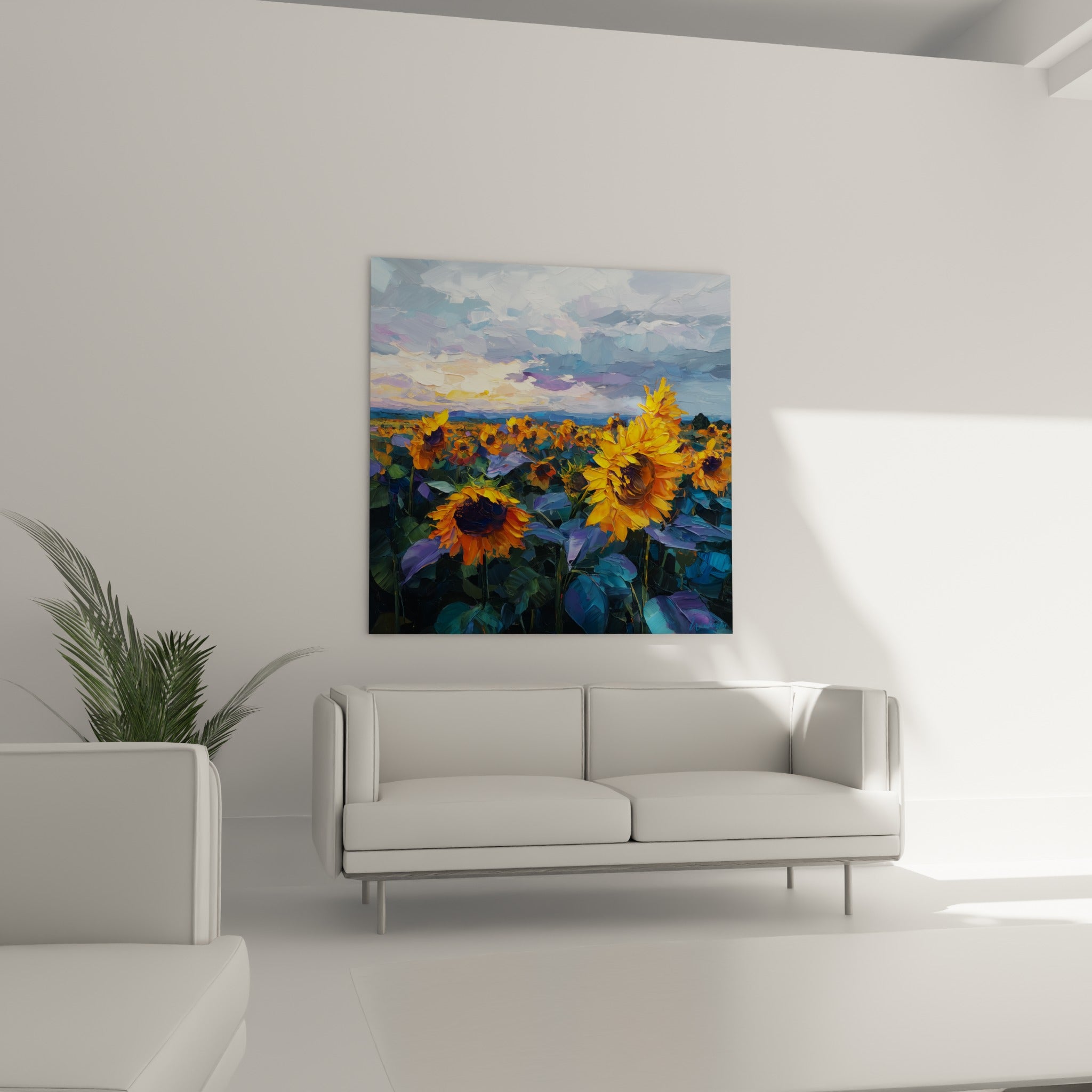 Champ de tournesols orangés et bleu profond disposé au-dessus d'un canapé dans un salon lumineux
