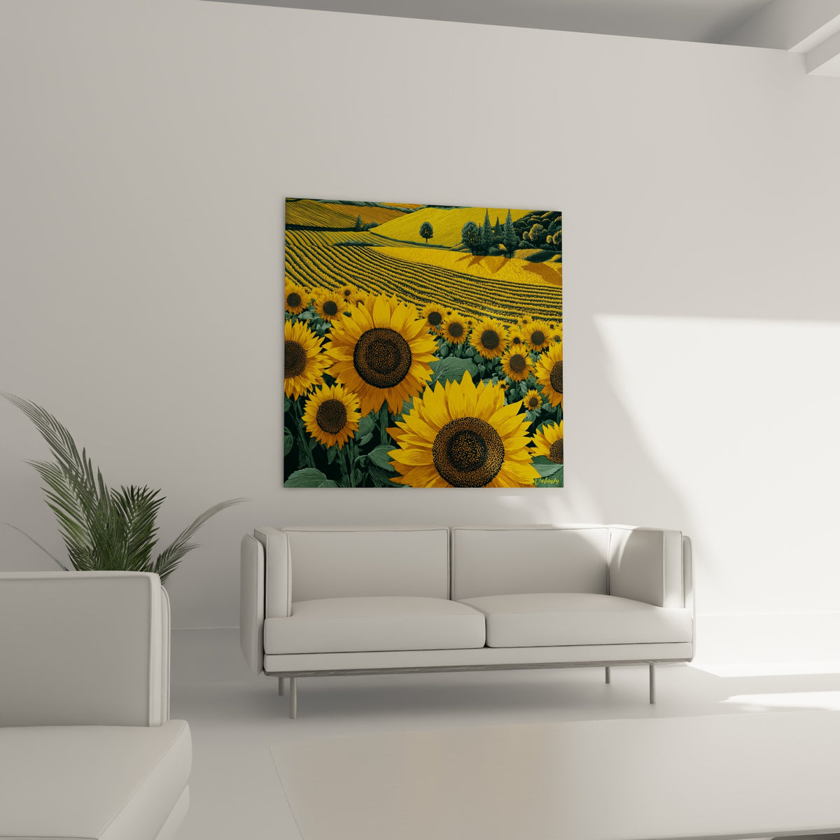Champ de tournesols dorés et verts peint au-dessus d'un canapé dans un salon lumineux