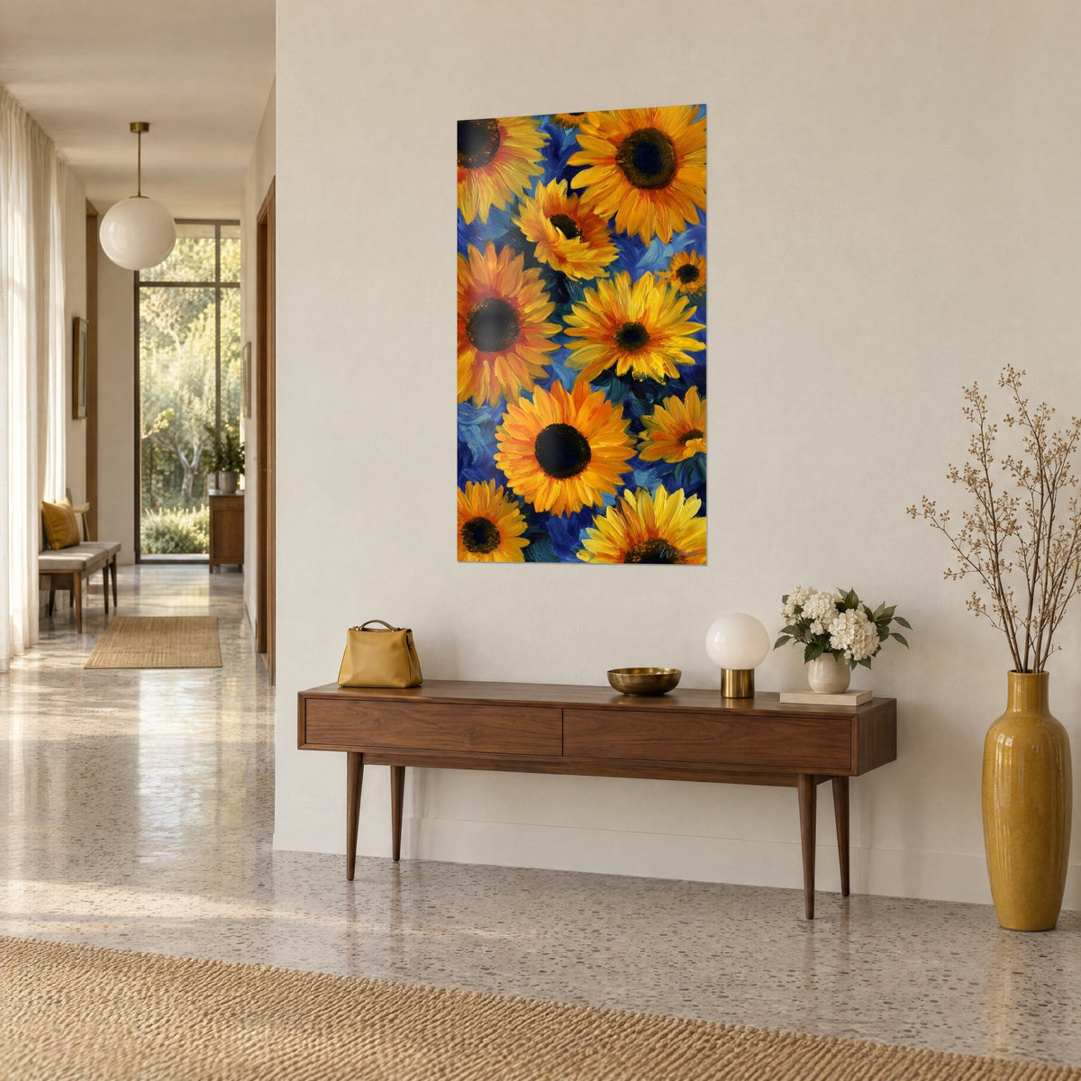 Wall art mosaic of saffron yellow and deep blue flowers with thickly textured petals, hung above a wooden console in a bright hallway