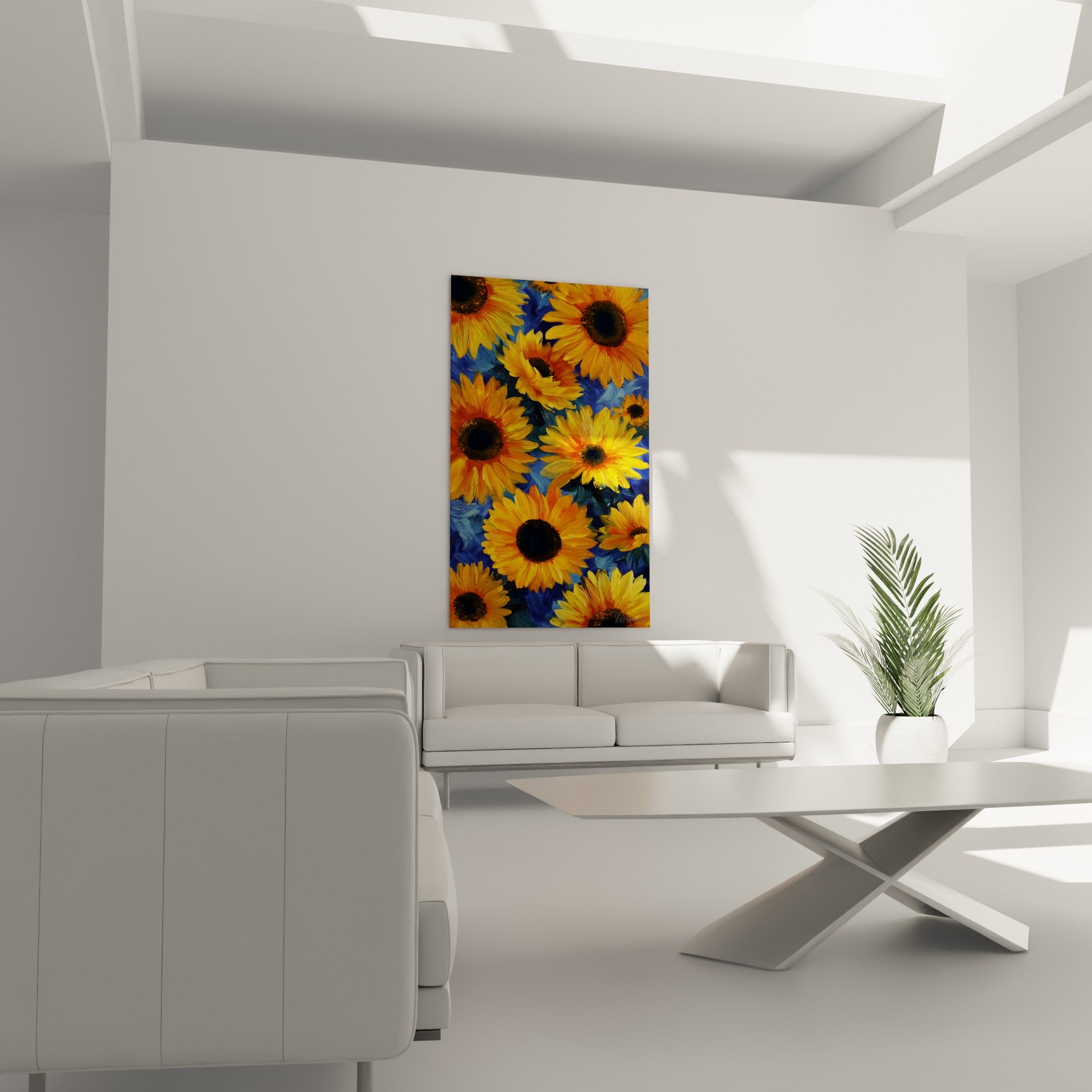 Pétales dorés et bleu nuit du tournesol au-dessus d'un canapé dans un salon lumineux