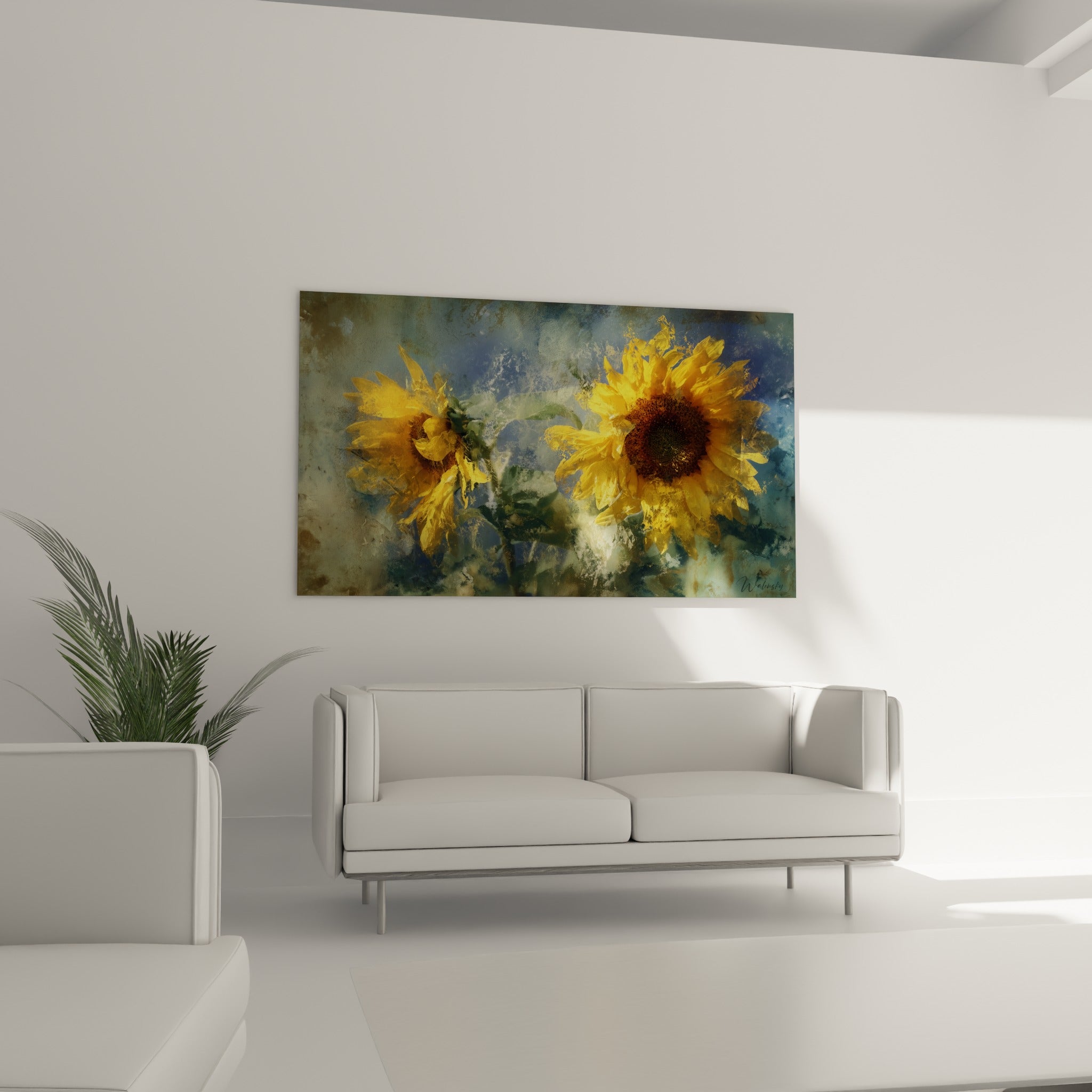 Pétales dorés et cœur brun du tournesol au-dessus d'un canapé dans un salon lumineux