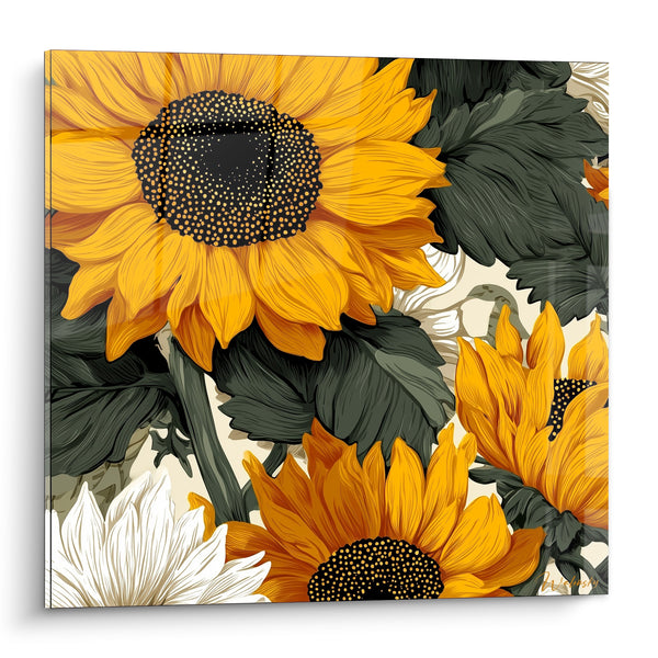Tableau Tournesols orange et vert accompagnés d'une marguerite blanche - Cœur pointillé noir - Edition Tournesol