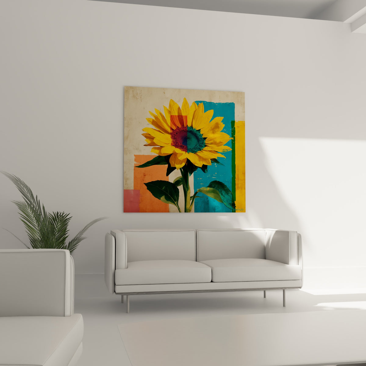 Pétales jaune vif et fond bleu canard du tournesol accrochés au-dessus d'un canapé dans un salon lumineux