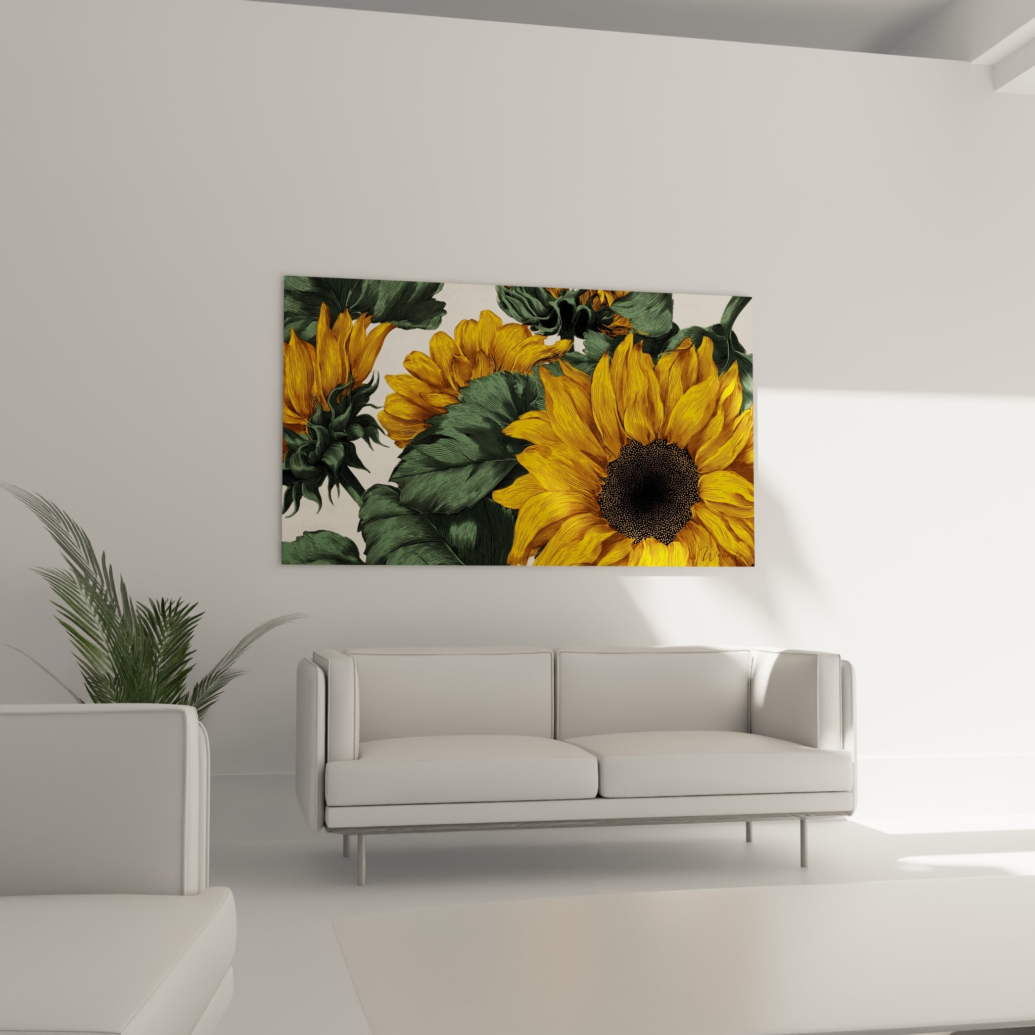 Pétales de tournesol jaune vif et feuilles vert sauge finement dessinées, au-dessus d'un canapé dans un salon lumineux
