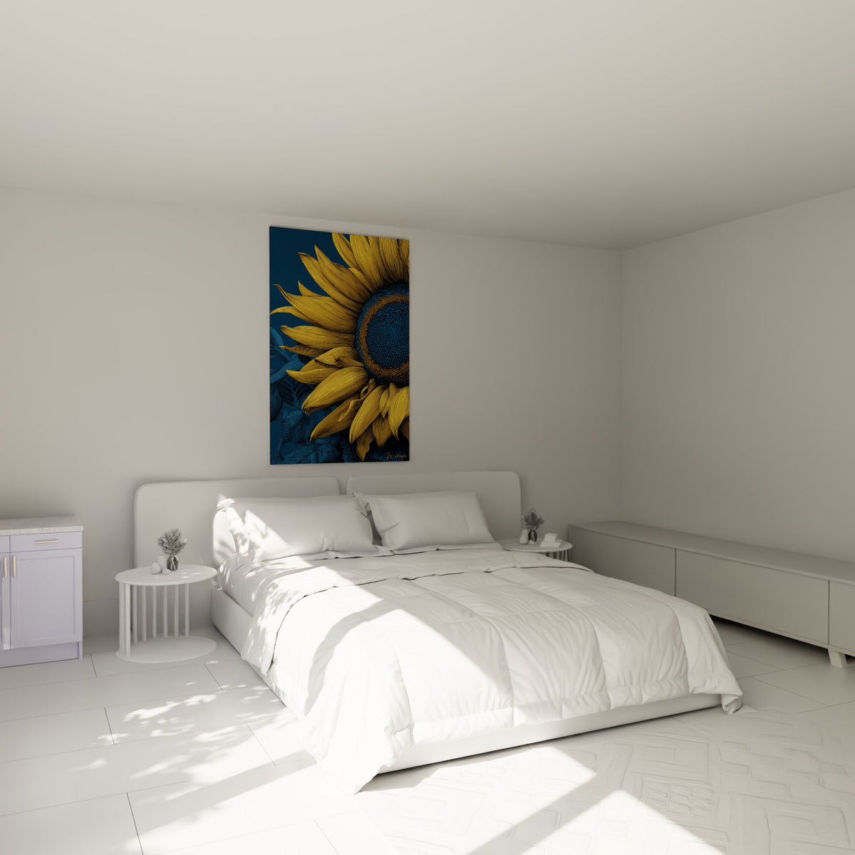Fleur de tournesol jaune doré et bleu marine accrochée au-dessus d'un lit dans une chambre claire