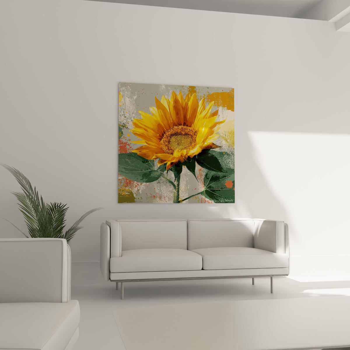 Pétales jaunes et cœur brun d'un tournesol au-dessus d'un canapé dans un salon lumineux