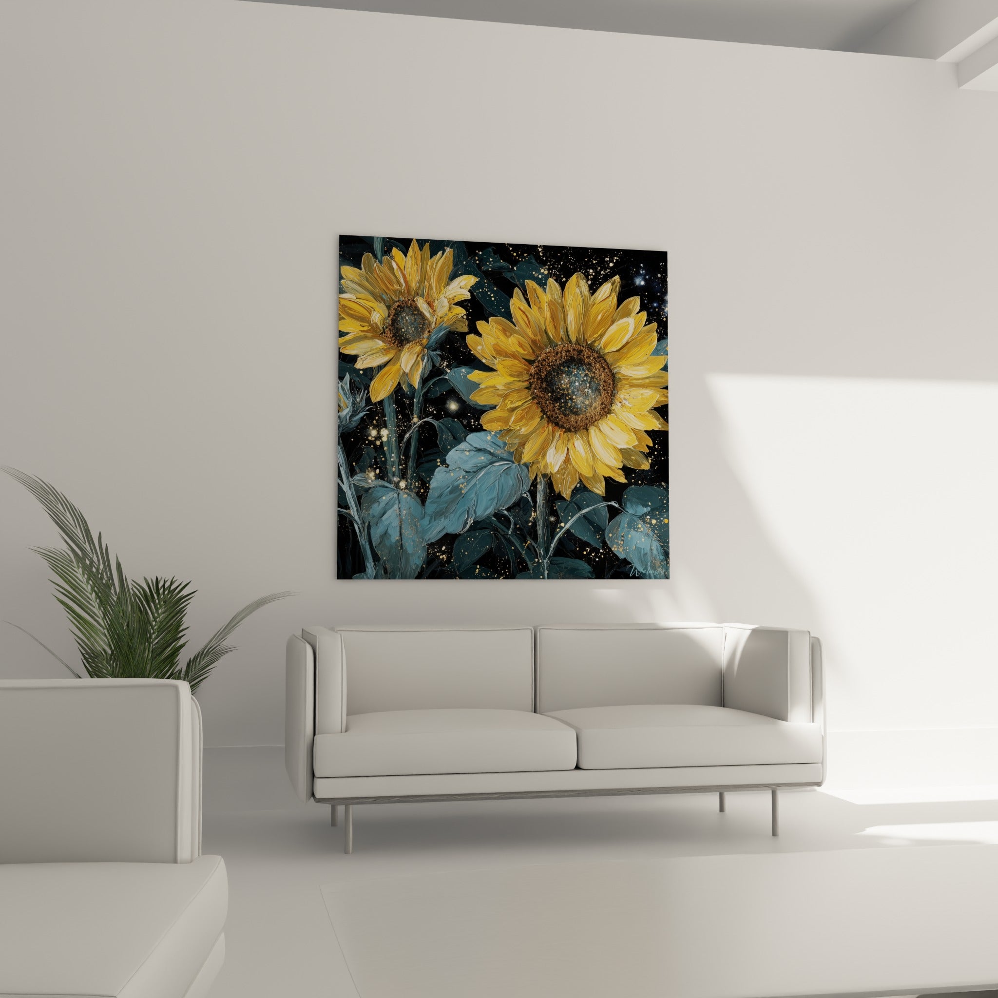 Pétales ocre et feuilles bleu pétrole du tournesol au-dessus d'un canapé dans un salon lumineux