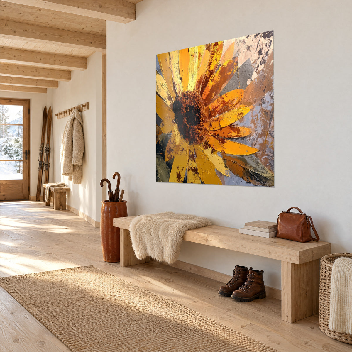 Quadro fiore solare con cuore marrone scuro e petali ocra dorata a spatola, appeso in vista di tre quarti sopra una panca di legno chiaro in una baita di montagna