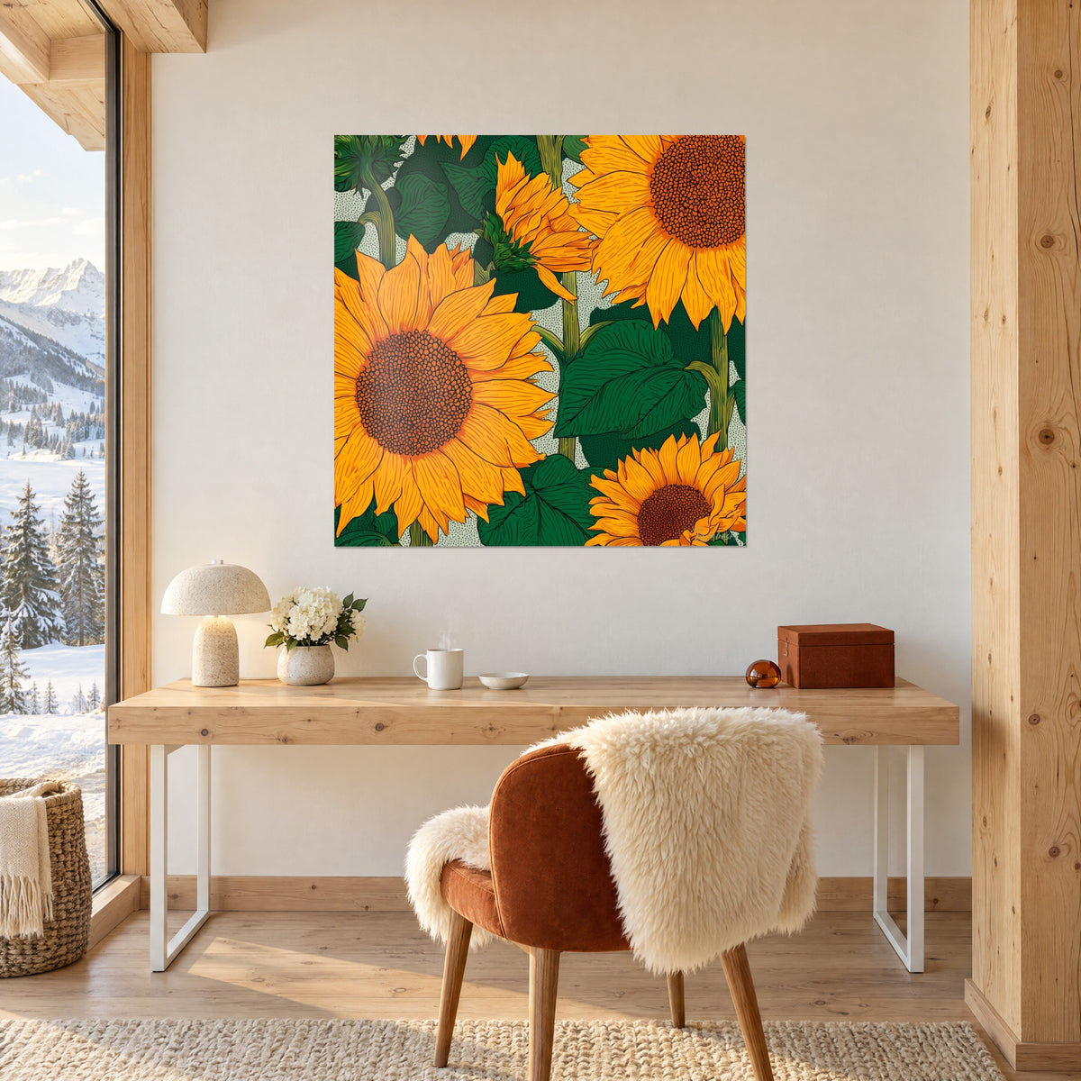 Gemälde sonnenhafte Blütenköpfe im Stichstil, leuchtendes Orange vor Waldgrün, über einem Schreibtisch aus Chaletholz