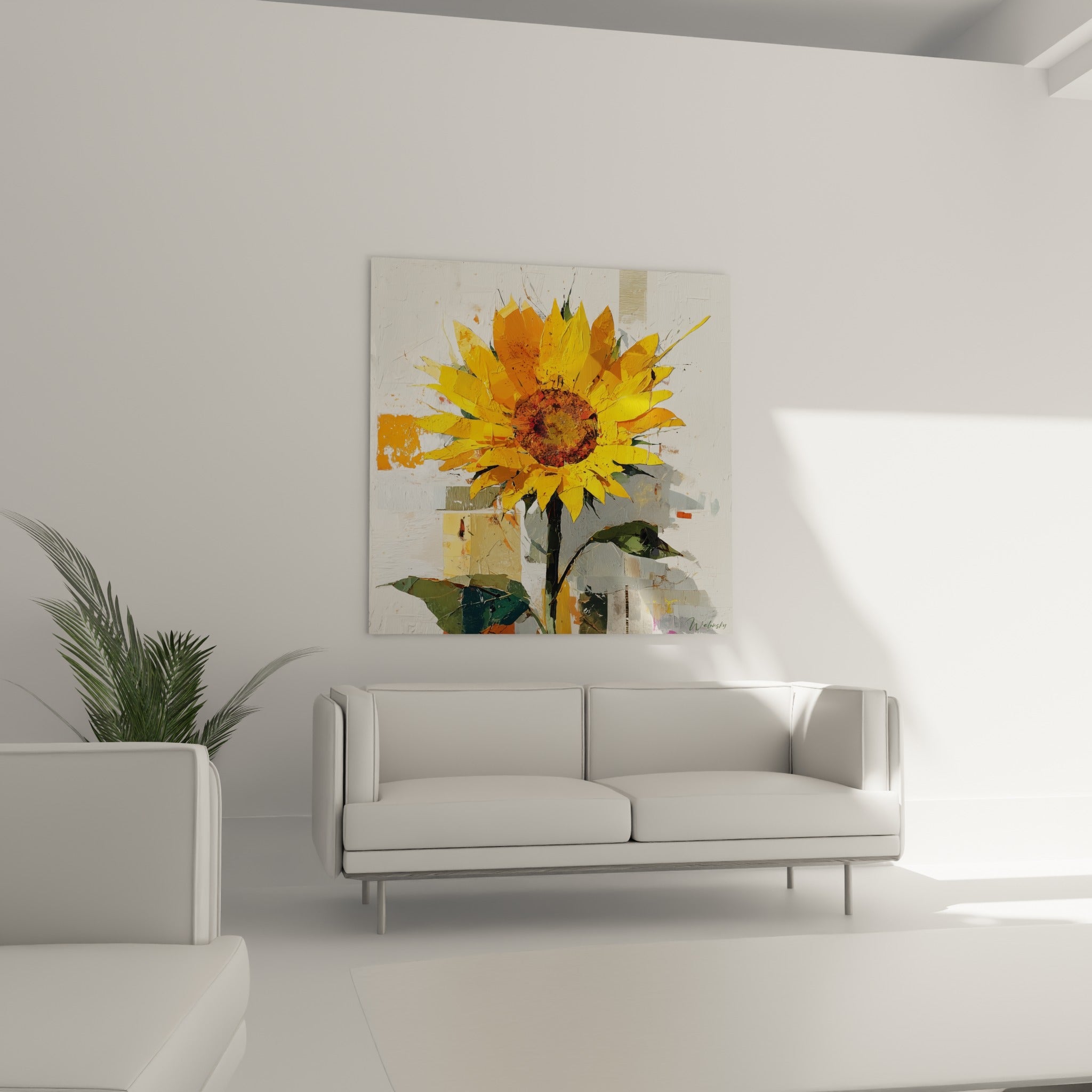 Pétales orange et jaune du tournesol texturé installés au-dessus d'un canapé dans un salon lumineux