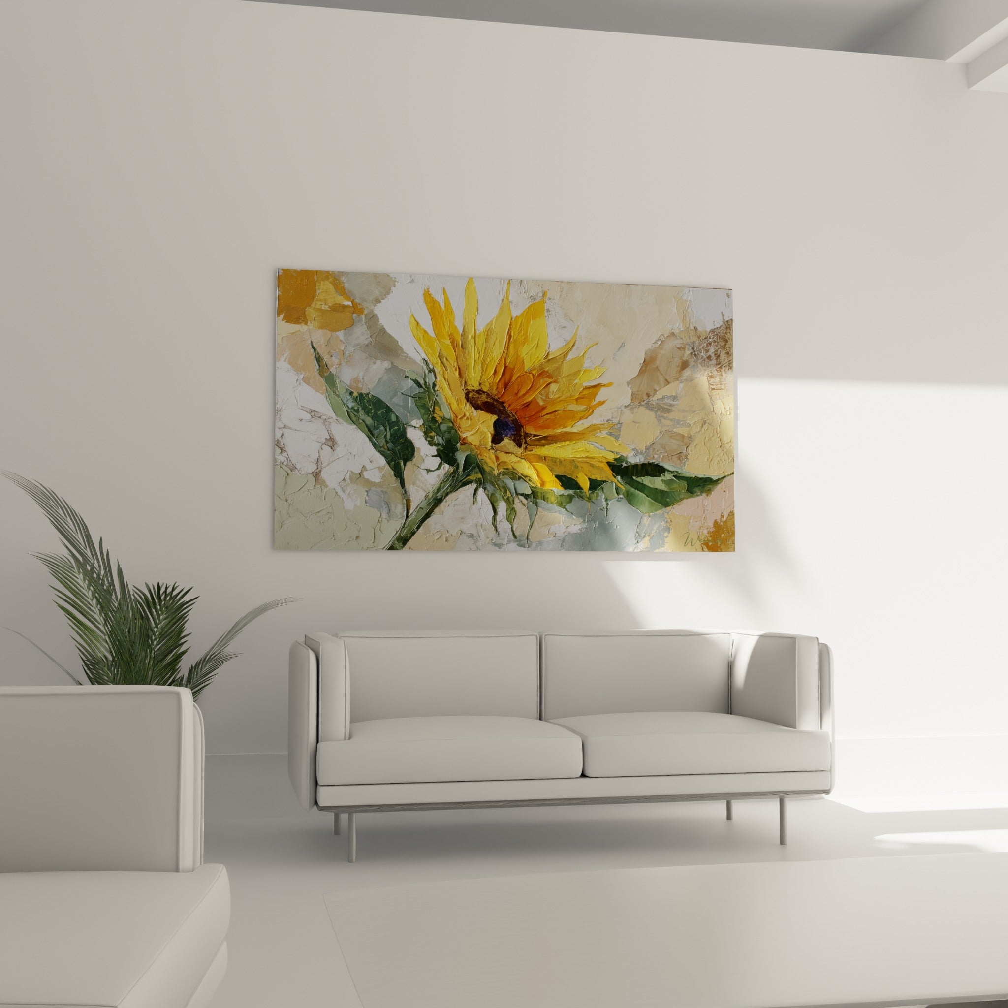 Pétales jaune vif et cœur brun du tournesol texturé, suspendus au-dessus d'un canapé dans un salon lumineux