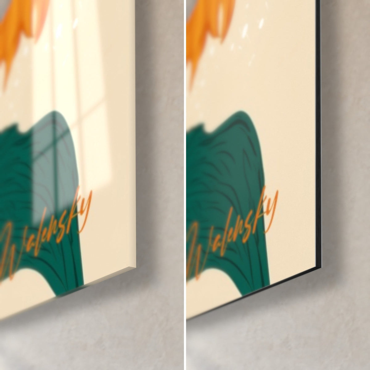 Wall art orange sunflower, teal leaf and Walensky signature, bottom right corner in glossy glass and matte Dibond