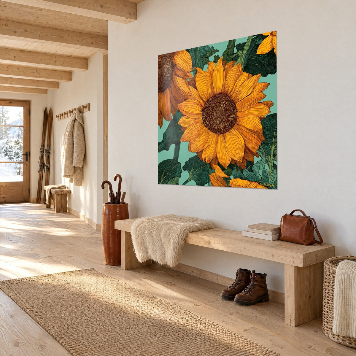 Wall art sun flower with a grainy brown centre, fir green leaves on turquoise, three-quarter view in a light wood entrance hall