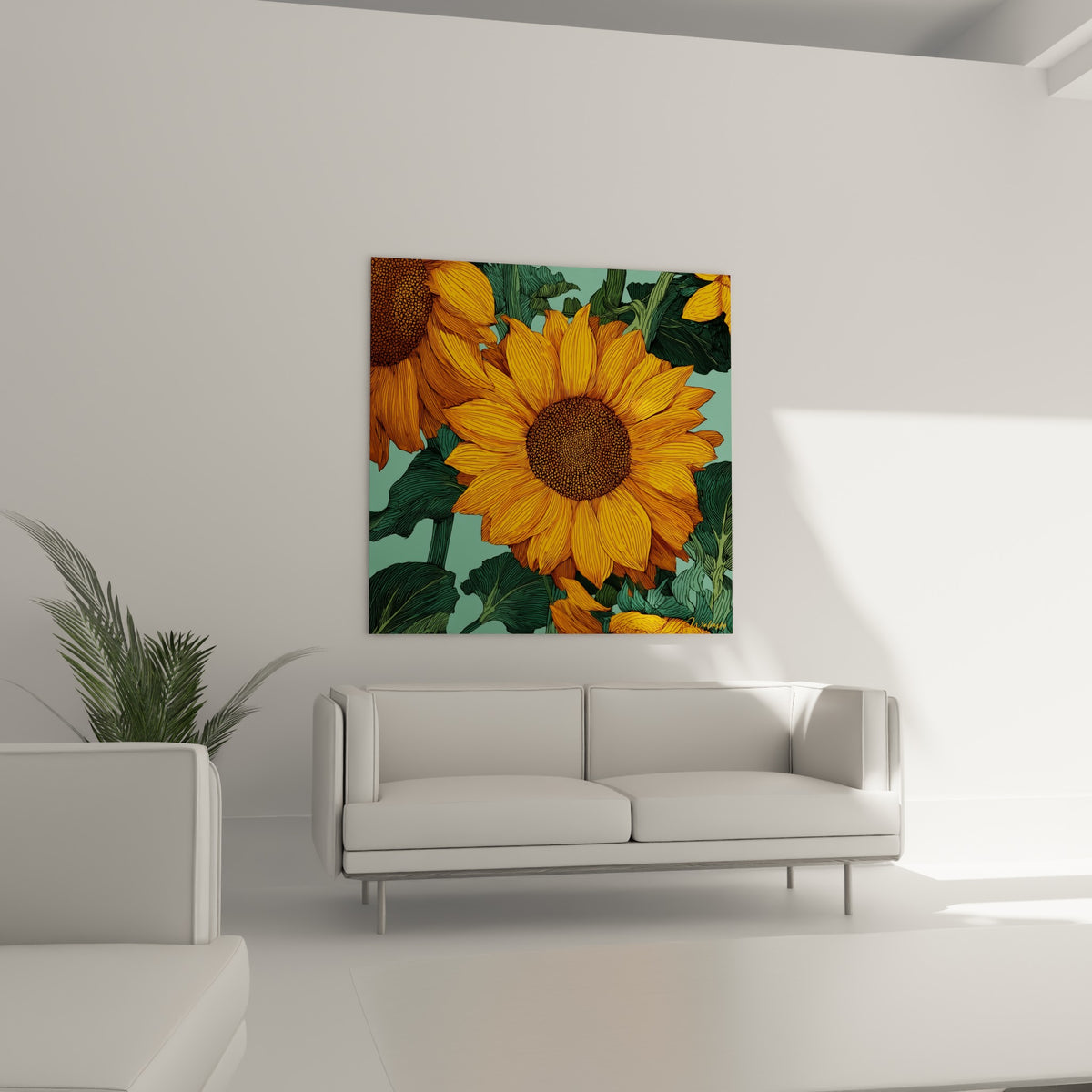 Pétales orangés et feuillage vert sombre du tournesol au-dessus d'un canapé dans un salon lumineux