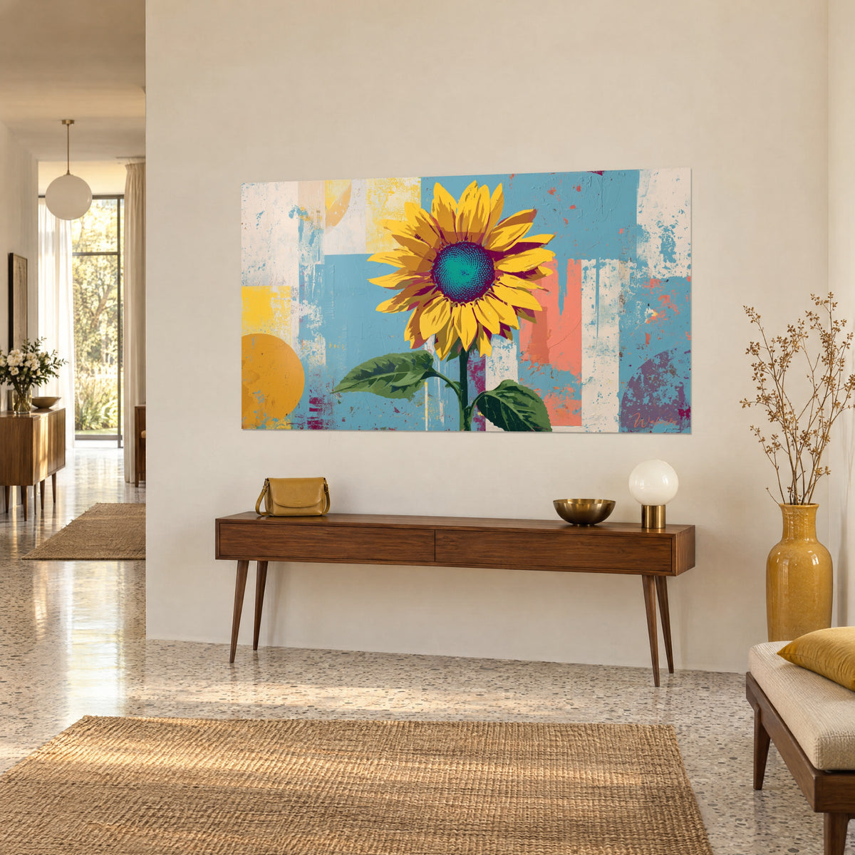 Tableau fleur solaire aux pétales safran et feuilles vertes, fond bleu ciel écaillé, sur un mur beige d'entrée