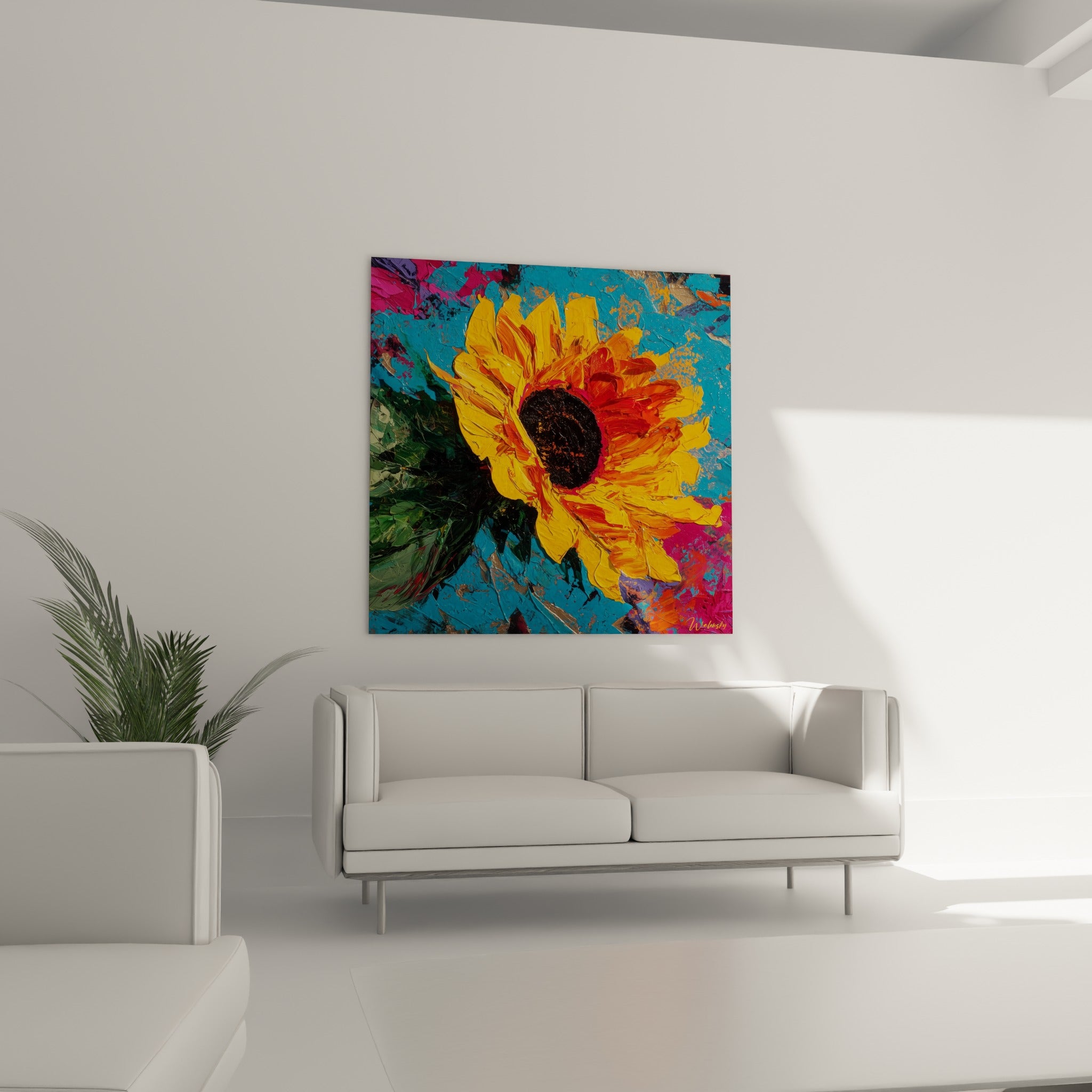 Pétales de Tournesol orangés et cœur sombre sur fond bleu, accrochés au-dessus d'un canapé dans un salon lumineux